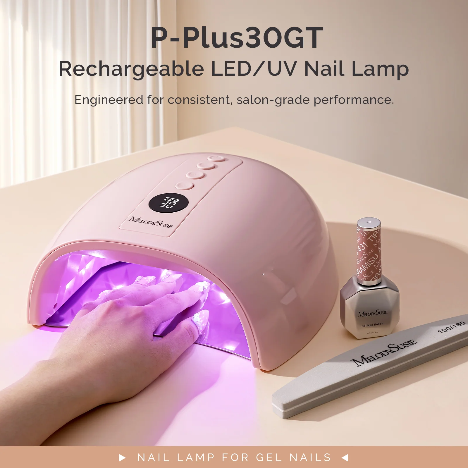 New Upgraded P-PLUS30GT Rechargeable Cordless UV/LED Nail Lamp in Pink