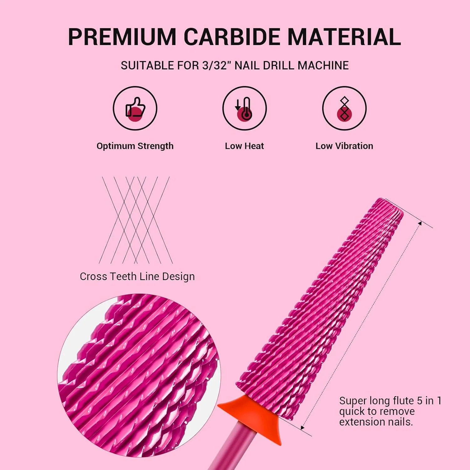 Super Long 5 in 1 Tungsten Carbide Nail Drill Bit for Thick Acrylic Removal