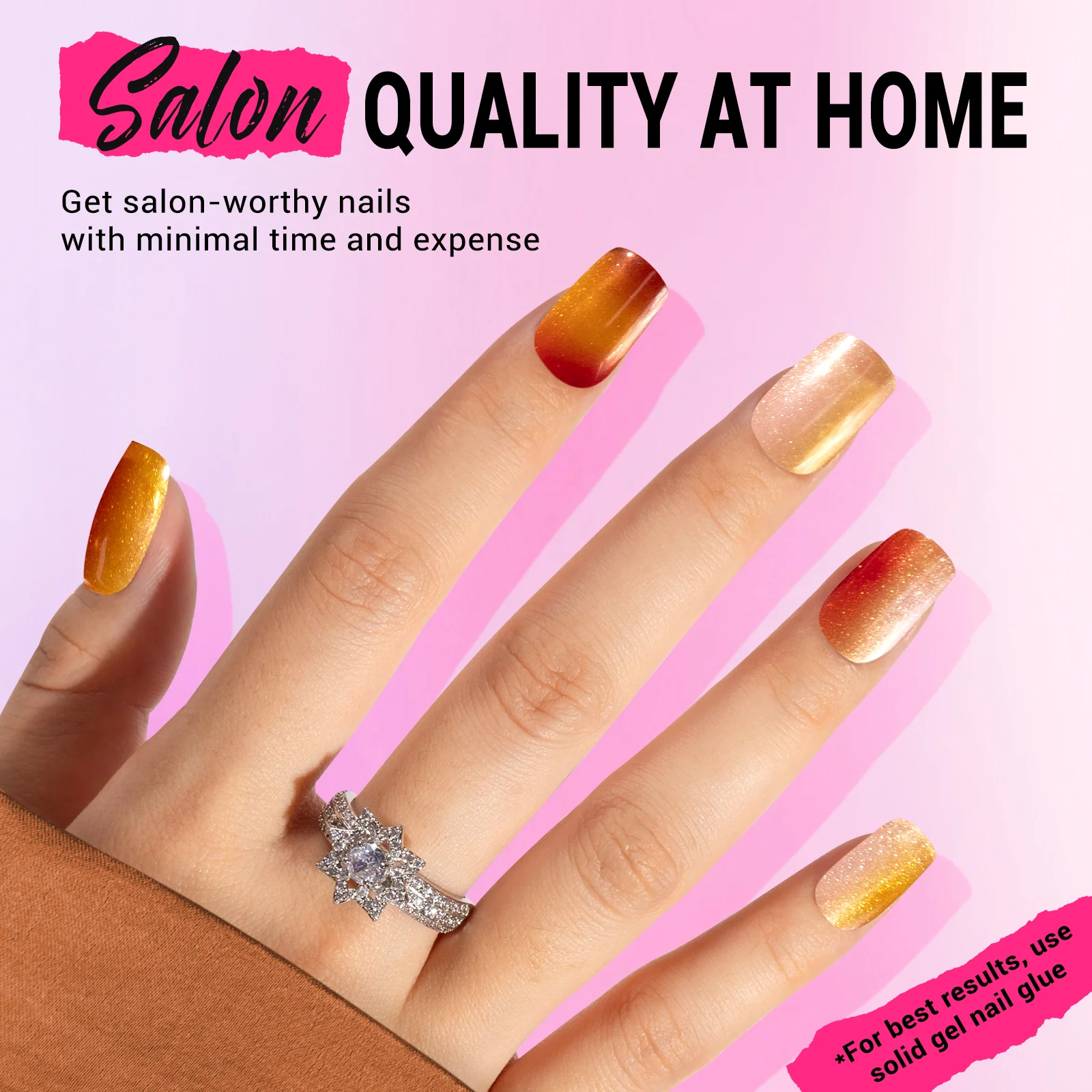 Autumn Halo Cat Eye Press On Nails Kit with 30 Nails in 15 Sizes