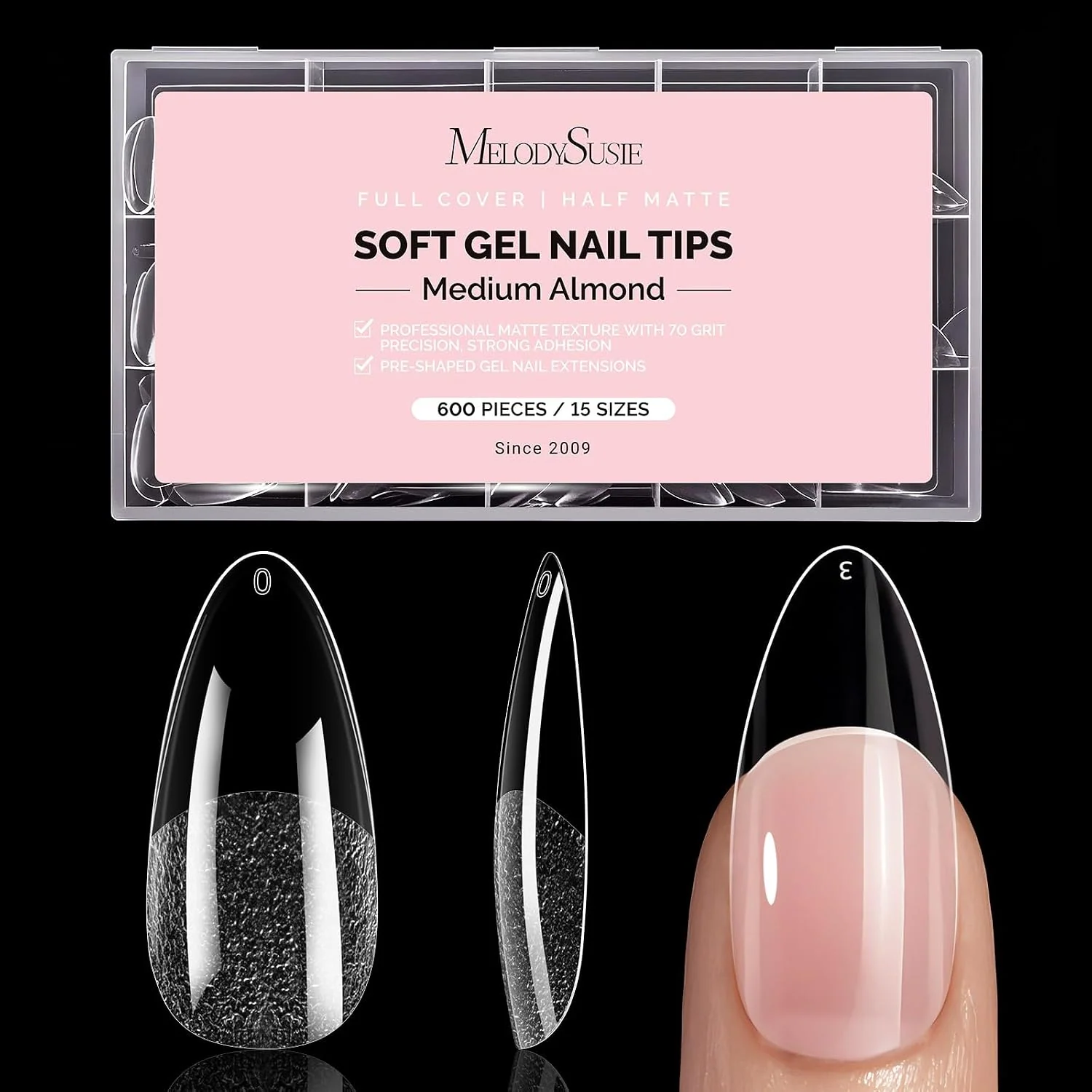 600Pcs Half Matte Clear Acrylic Full Cover Nail Tips with 12-15 Sizes