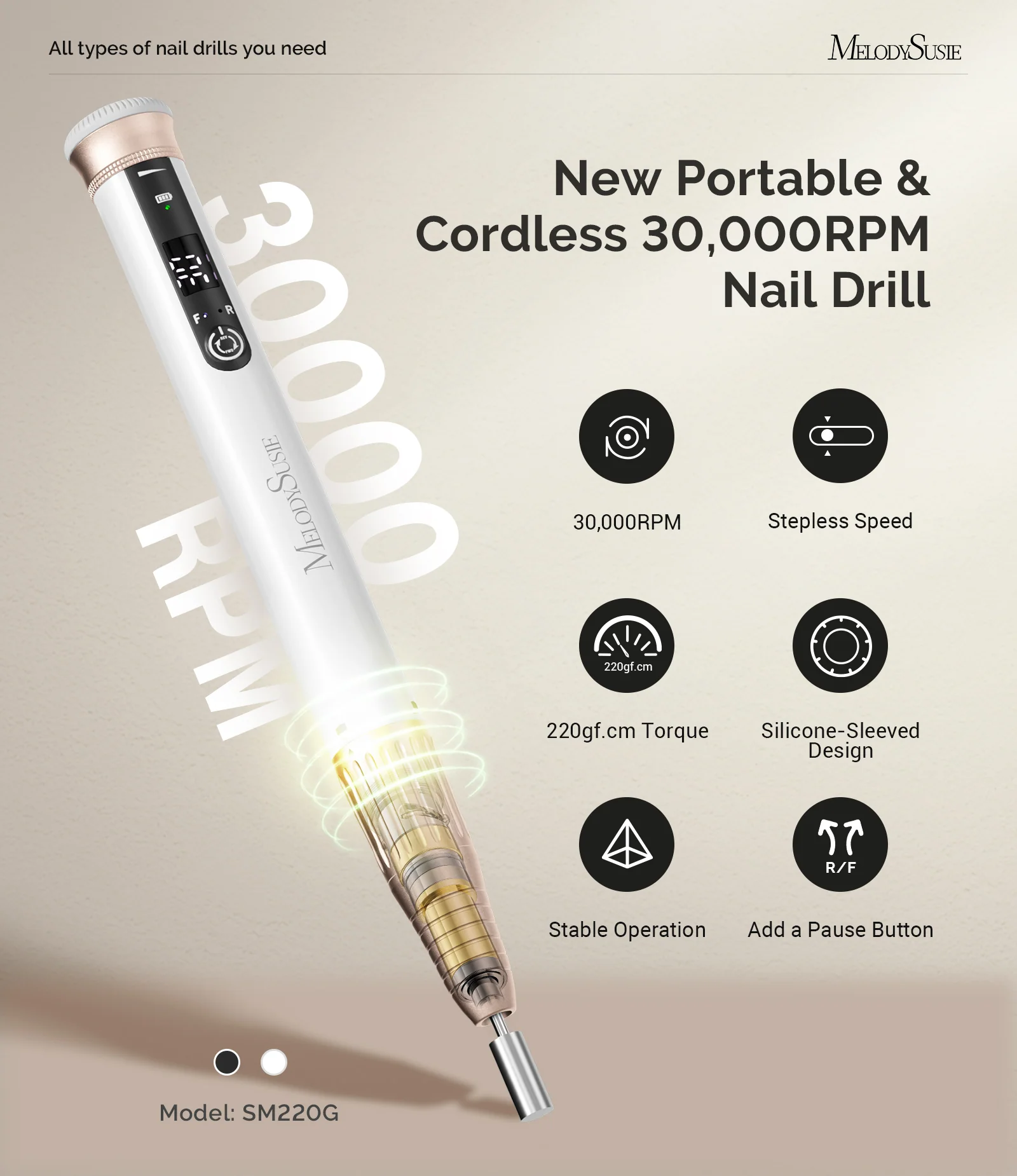 SM220G Pen-Shaped Rechargeable Nail Drill 30,000RPM - White
