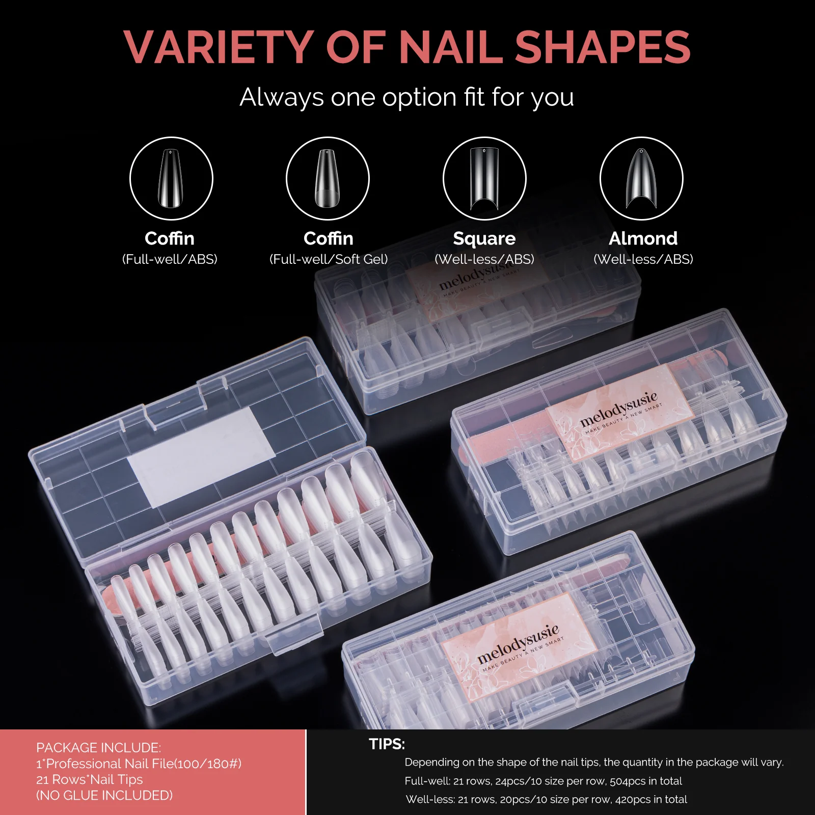Long Square Nail Tips, Clear Half Cover, 420 Pcs with File