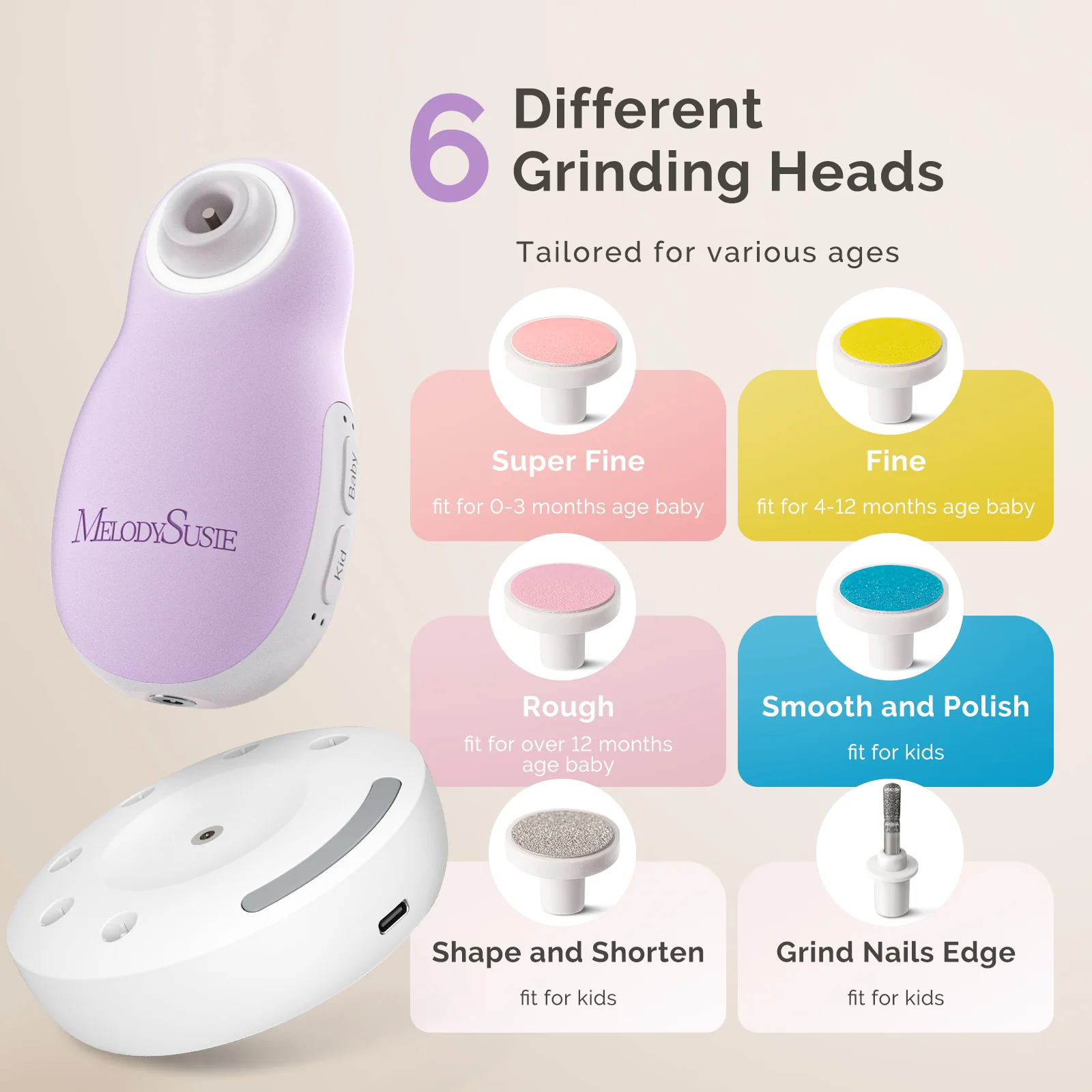 PC20F Rechargeable Baby Nail Trimmer in Purple with 6 Grinding Heads