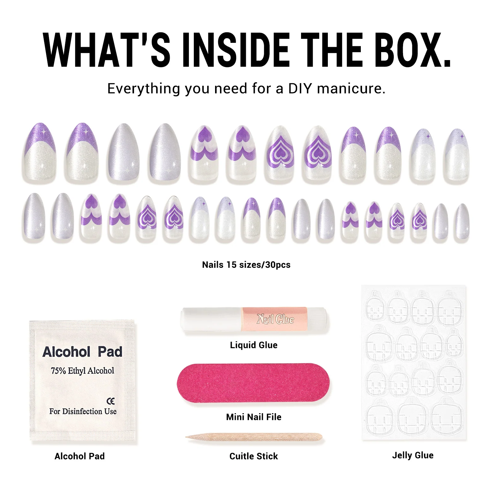 Purple Heart Press On Nails Kit: 30 Nails with Adhesive and Tools
