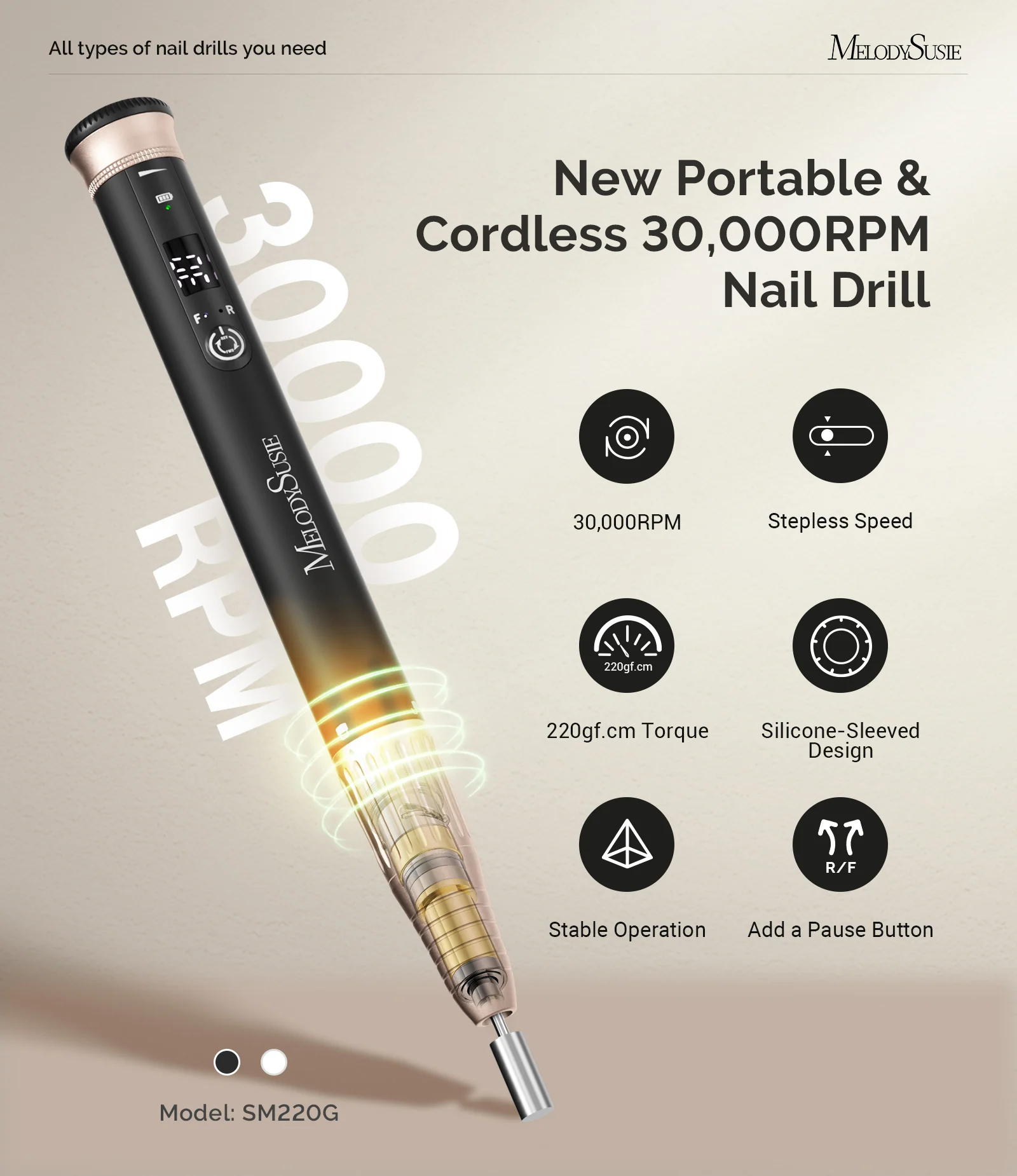 SM220G Pen-Shaped Rechargeable Nail Drill 30,000RPM RPM in Black
