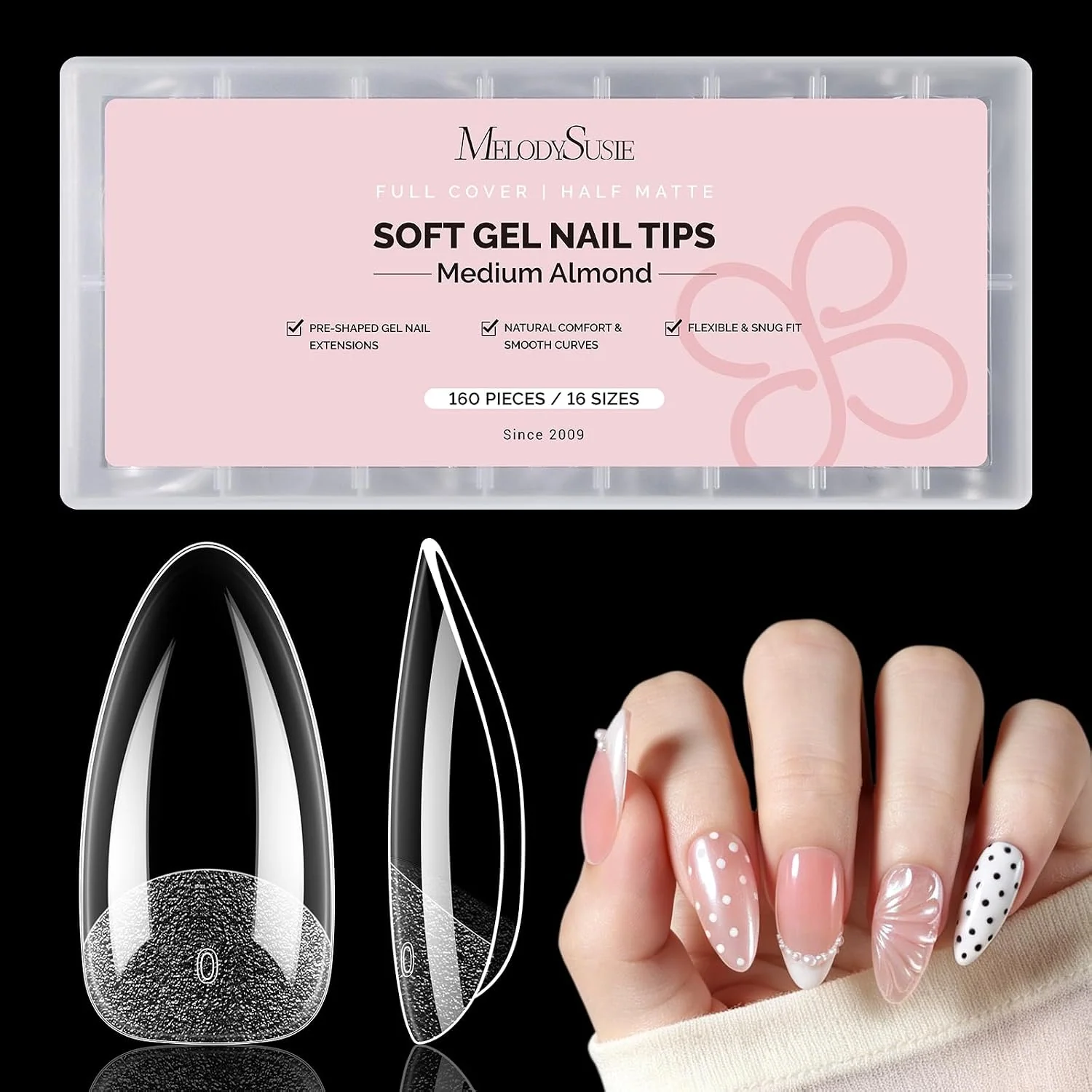 160Pcs Half Matte Clear Acrylic Full Cover Nail Tips, 16 Sizes
