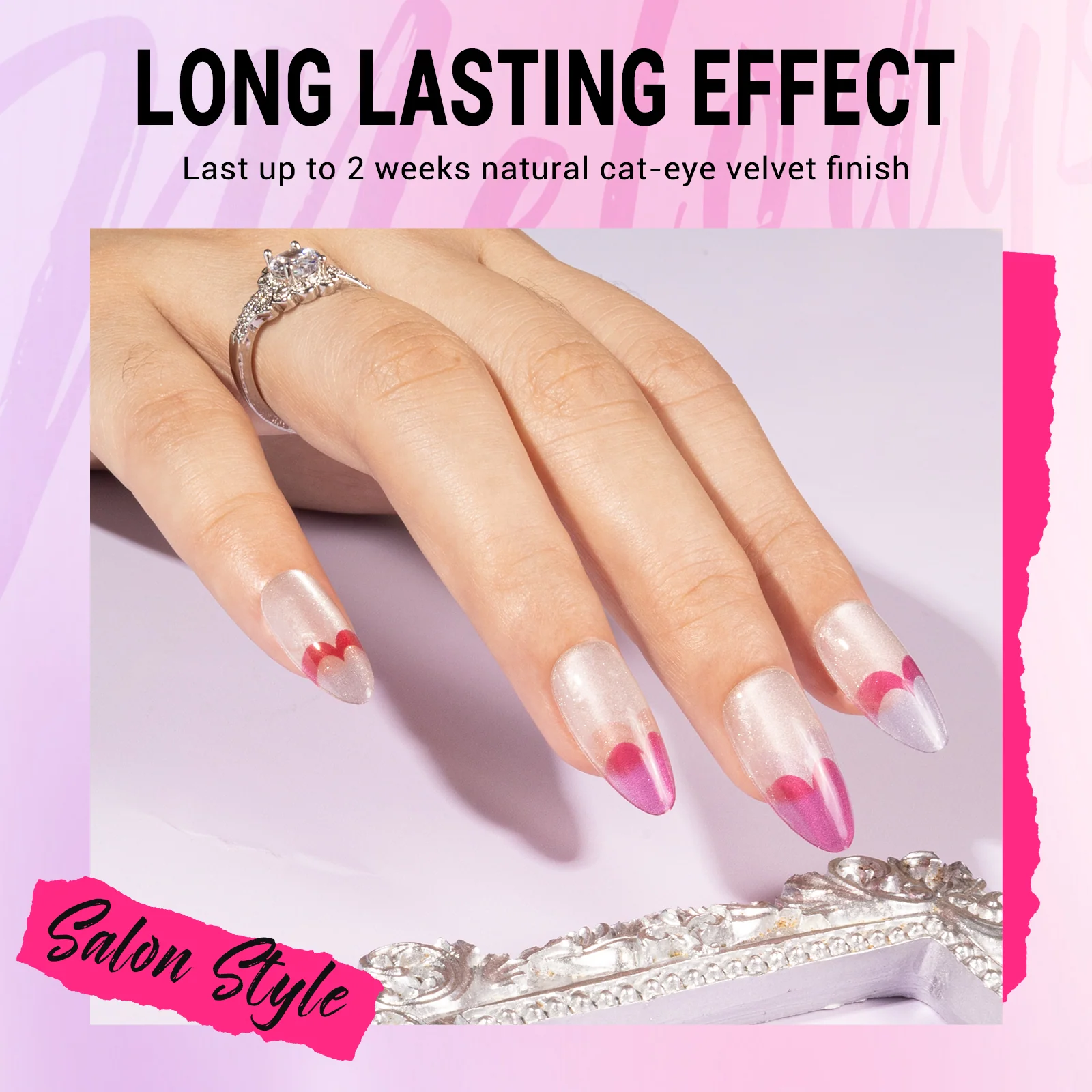 Pink Heart Press On Nails Kit with 30 Reusable Nails in 15 Sizes
