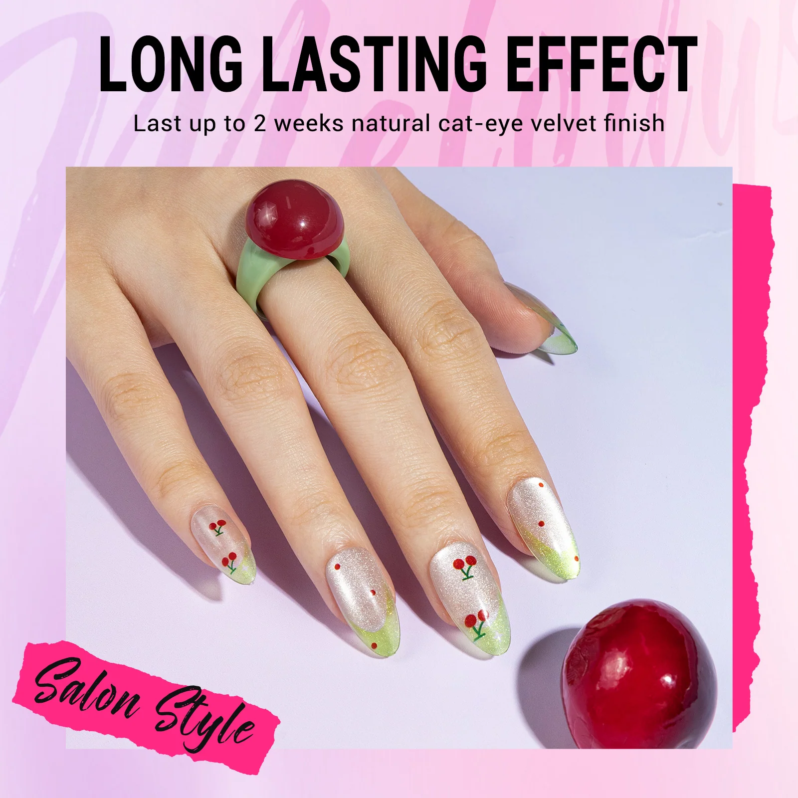 Cherry Press On Nails Kit with 30 Nails, Glue and Cleaning Tools