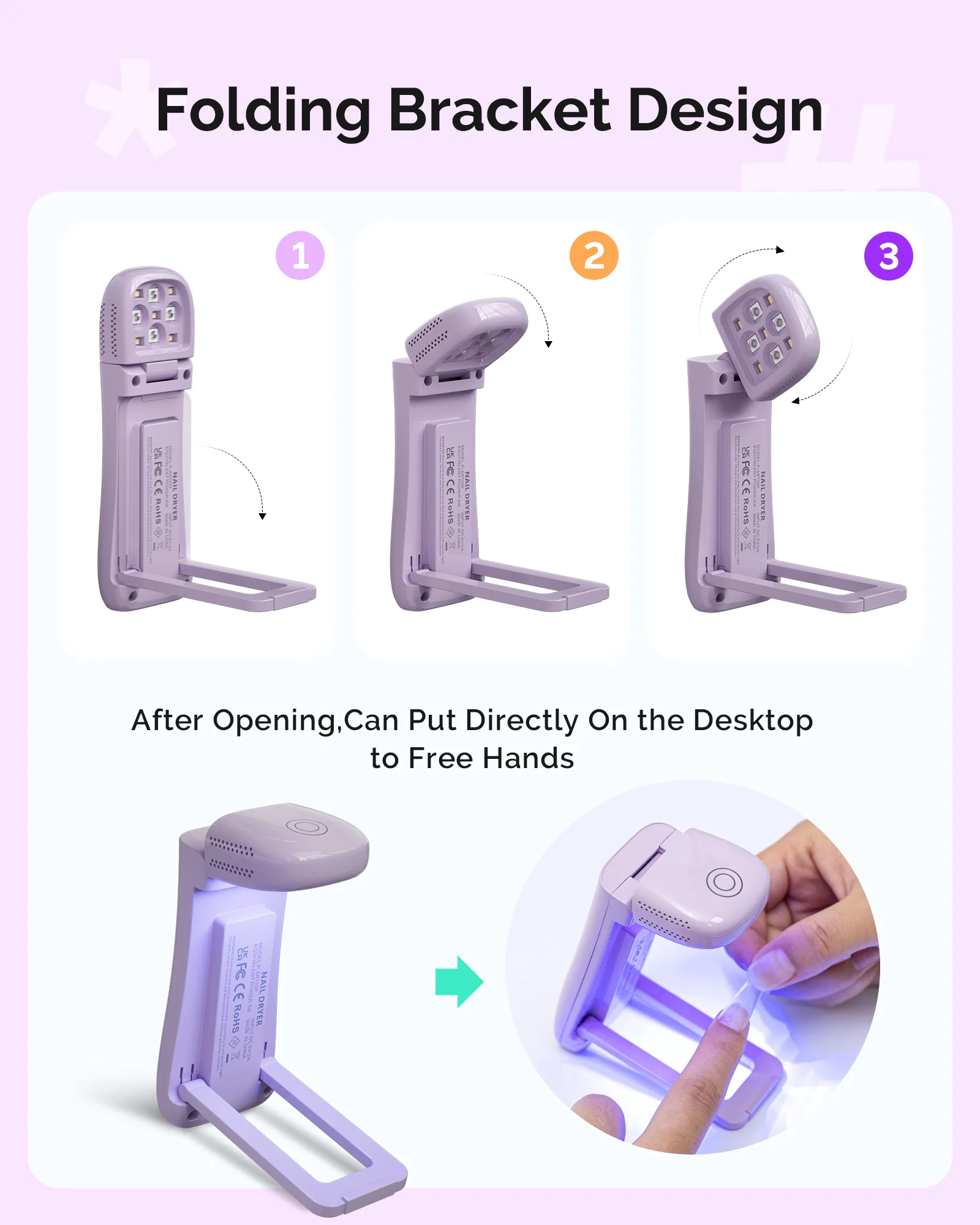 P-ART09F Foldable 2-in-1 Cordless UV LED Mini Nail Lamp, Purple