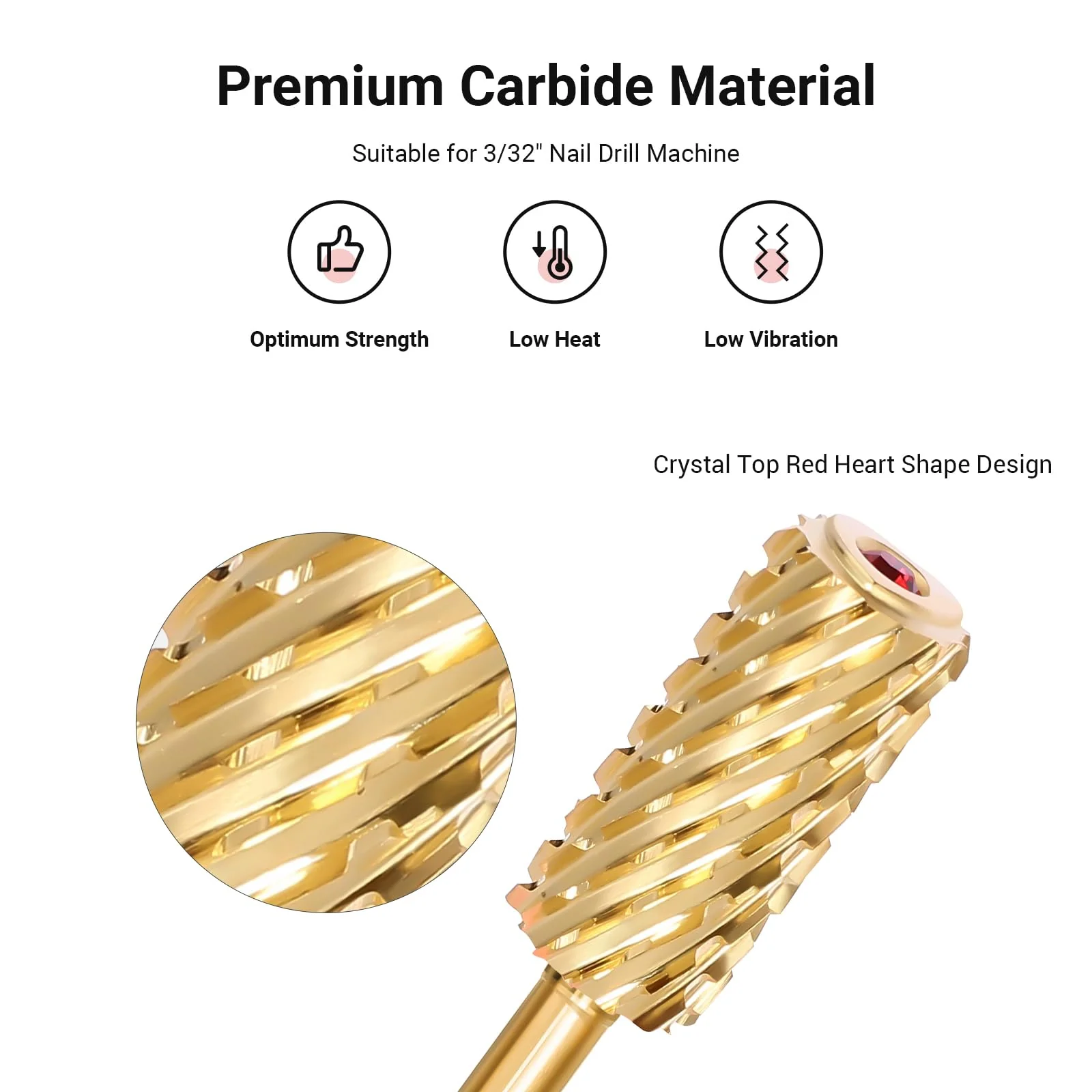 Crystal Top Red Heart Shape Large Barrel Carbide Nail Drill Bit in Gold