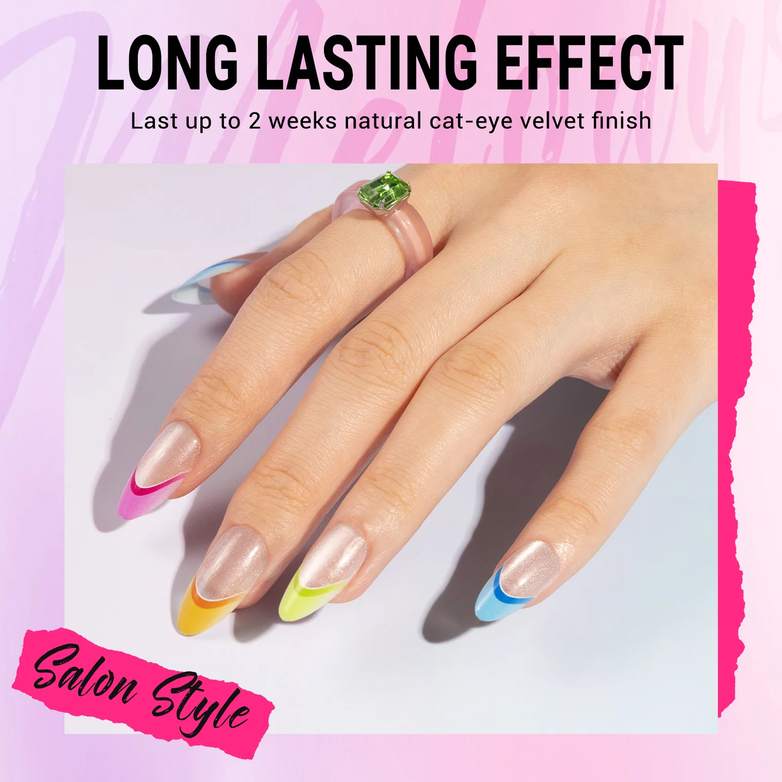 Rainbow Cat Eye Press On Nails Kit with 30 Nails in 15 Sizes