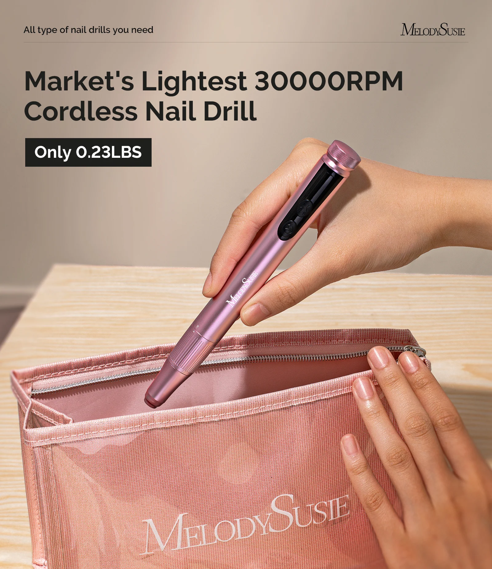 SM180F Pen-Shaped Rechargeable Nail Drill 30,000RPM RPM, Rose Gold Edition