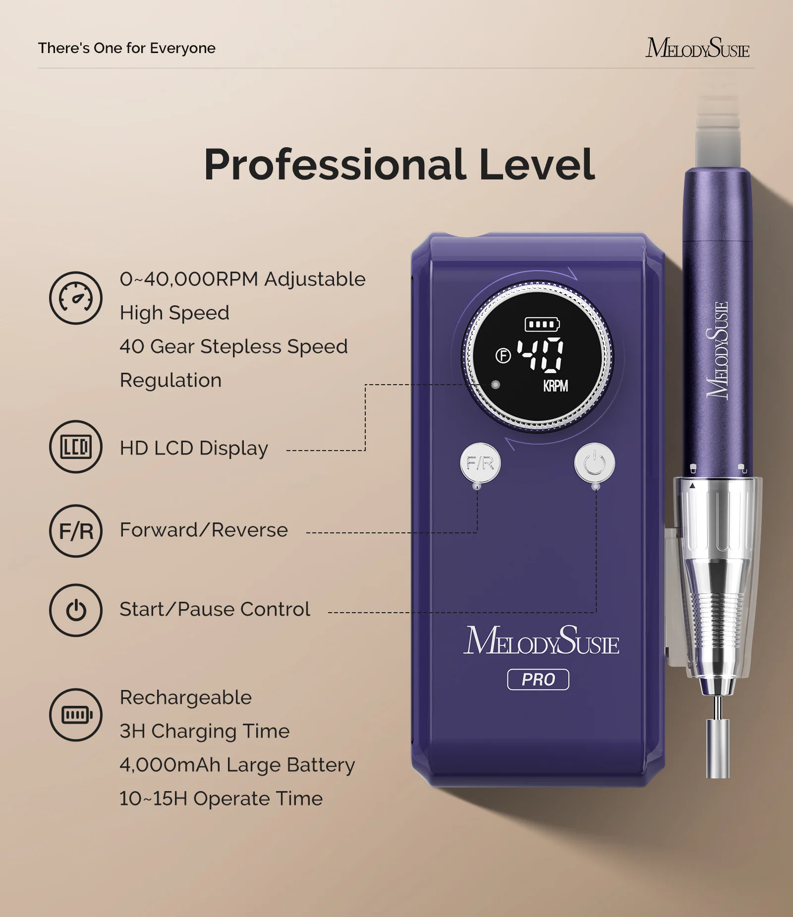 MB420G Clip-On Professional Rechargeable 2-in-1 Nail Drill with Built-In Stand 40,000RPM - Purple