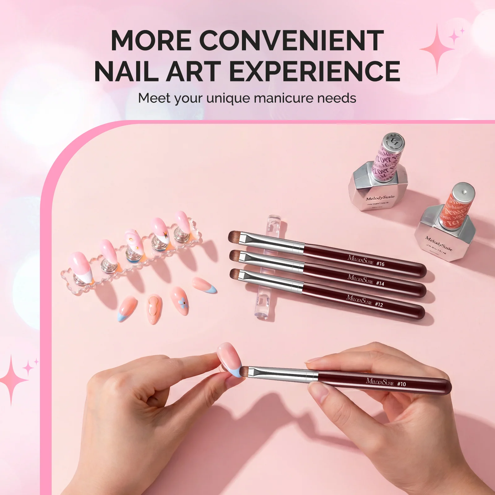 French Manicure Nail Brush Set with Rosewood Handles, 4 Sizes and Holder