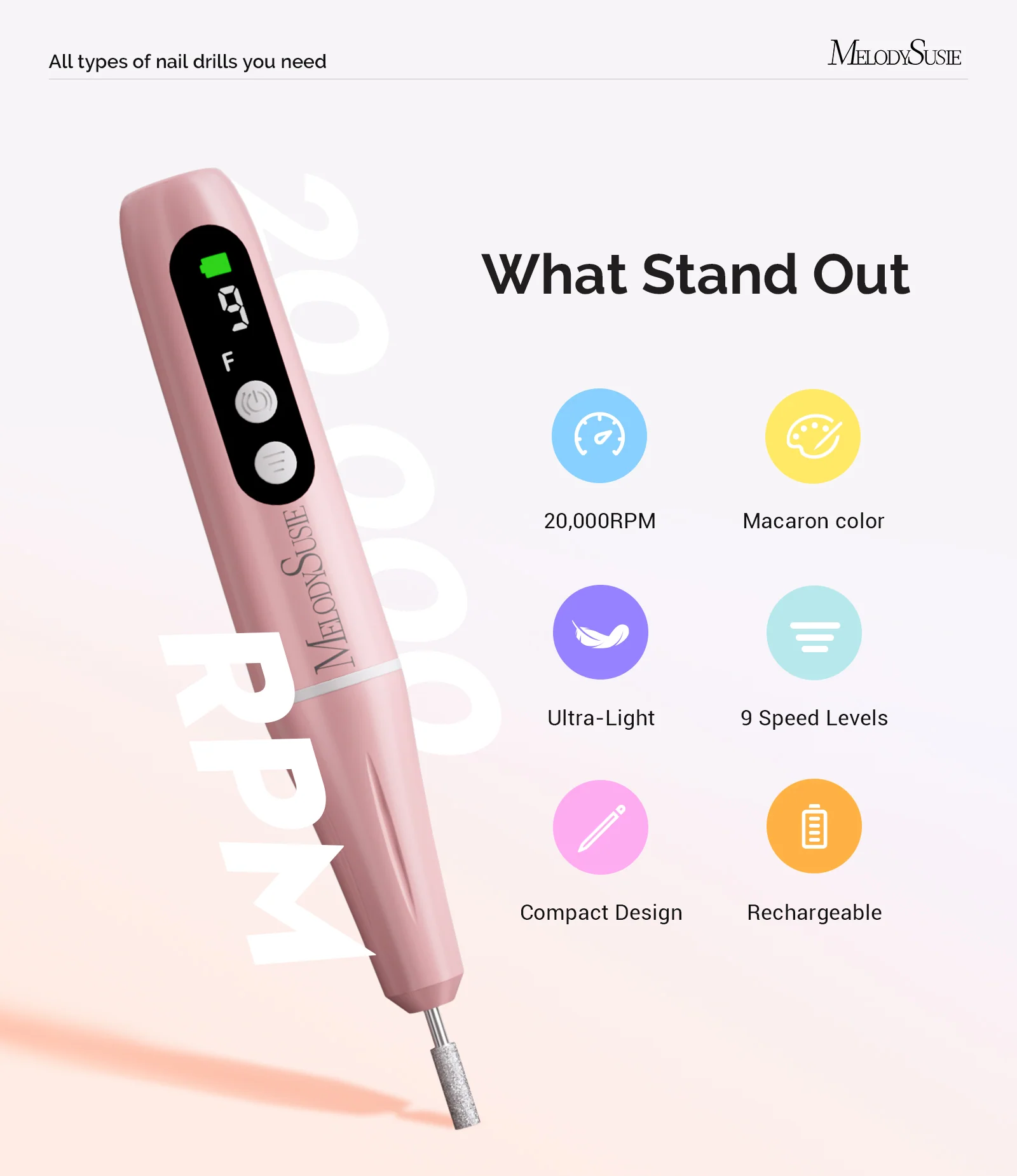 PC90G Pen-Shaped Portable Rechargeable Nail Drill 20,000RPM in Pink