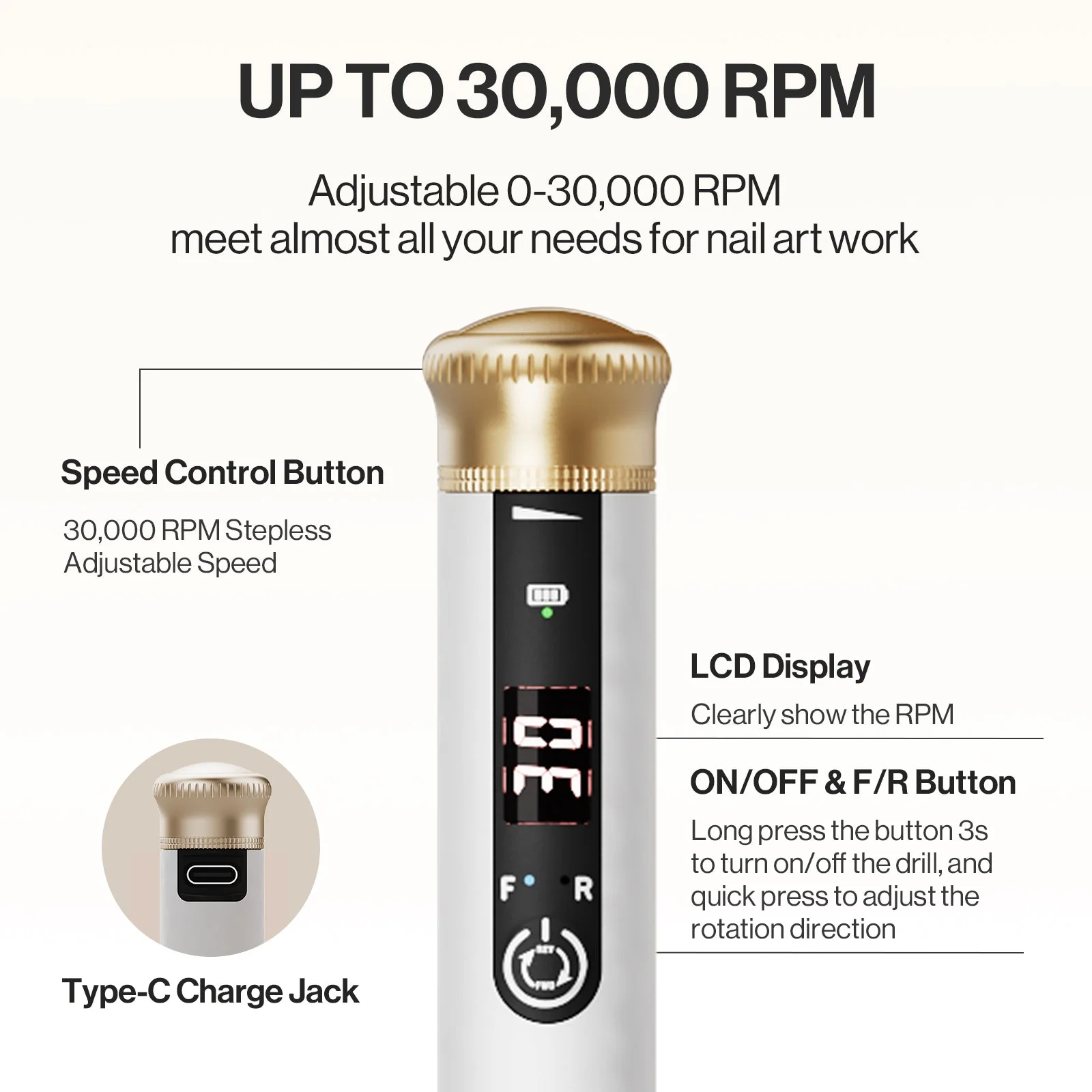SP1(SM220E) Pen-Shaped Rechargeable Nail Drill 30,000RPM - Dust-Free Kit