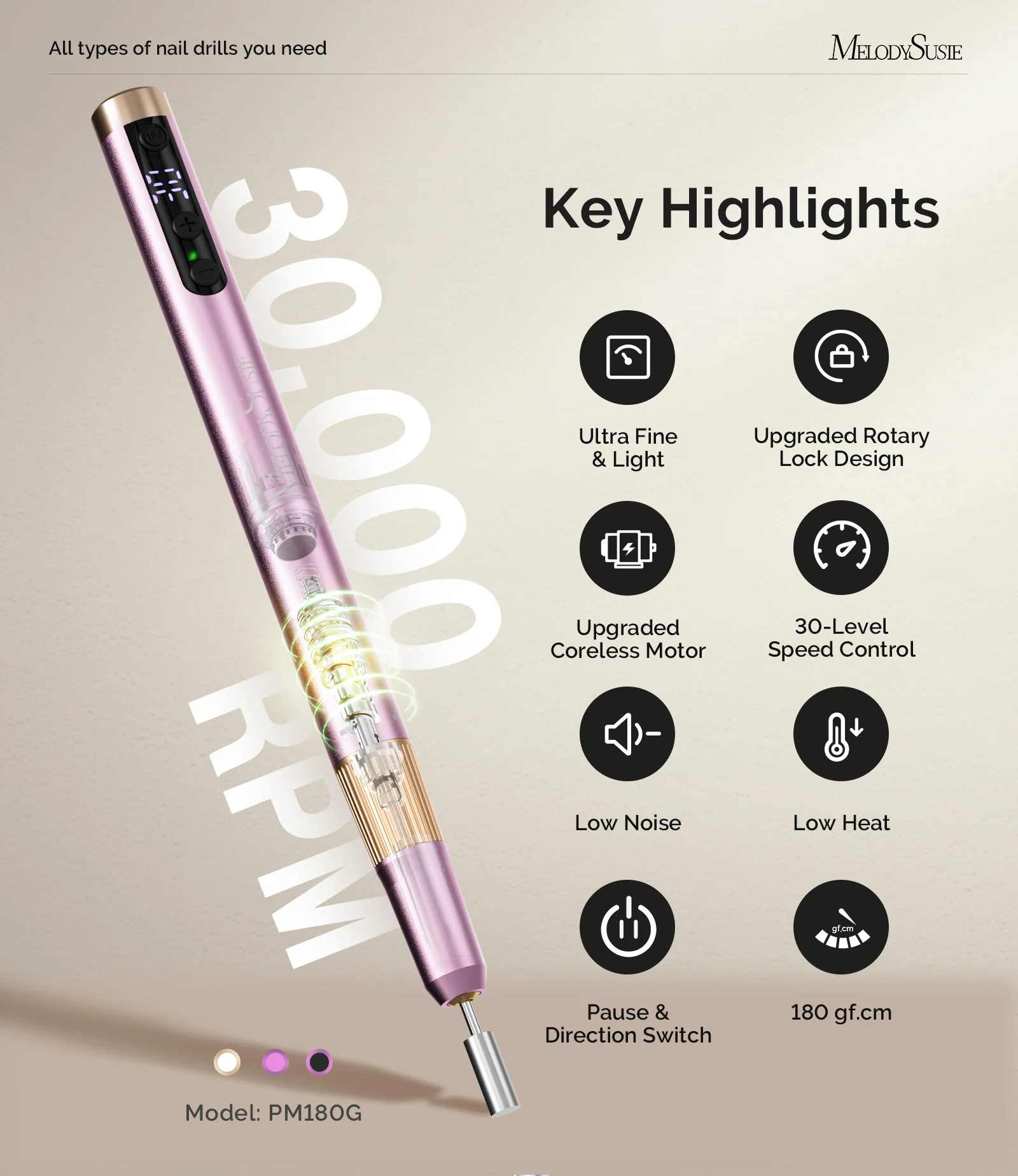 PM180G 笔型超薄充电美甲打磨机 30,000RPM 粉色