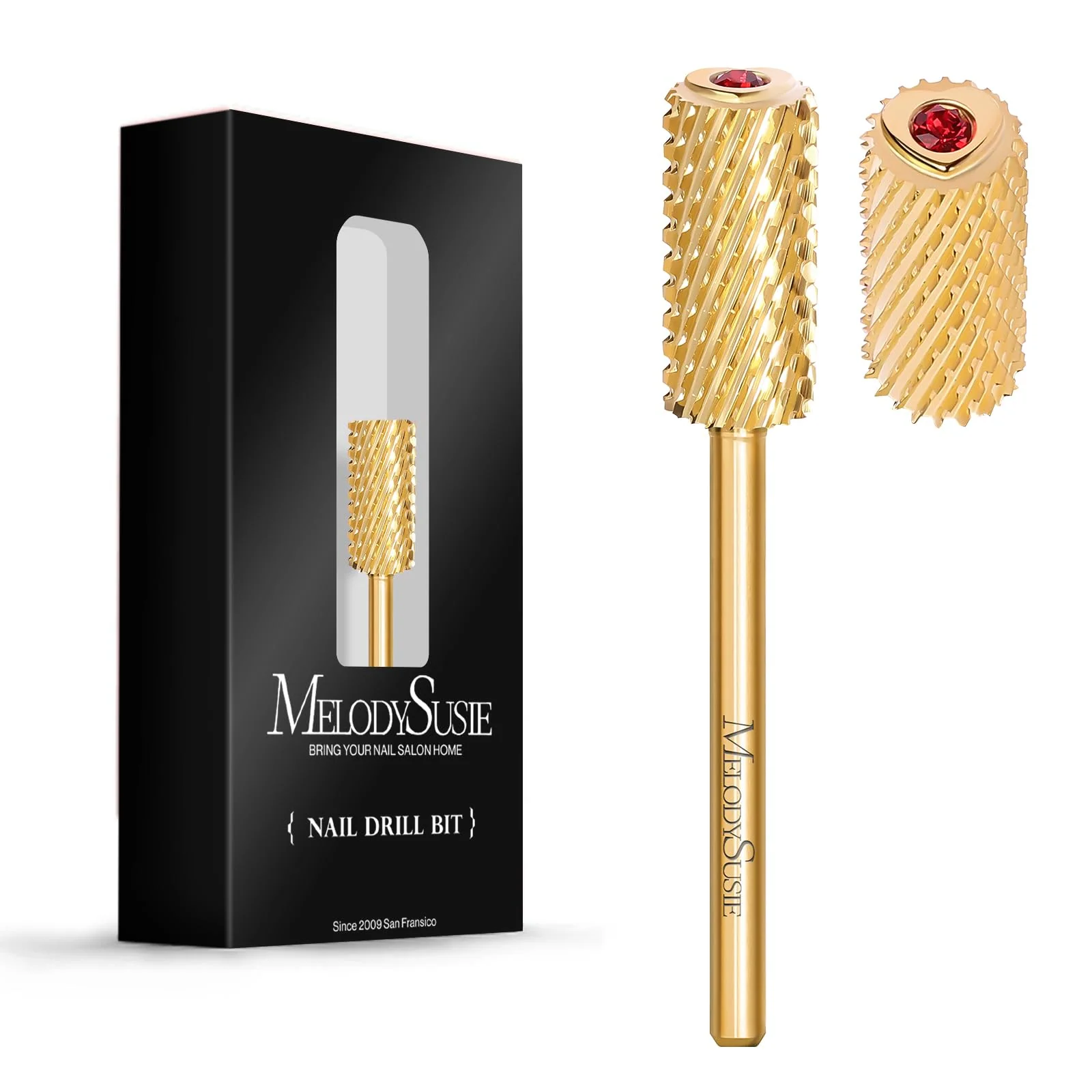 Crystal Top Red Heart Shape Large Barrel Carbide Nail Drill Bit in Gold