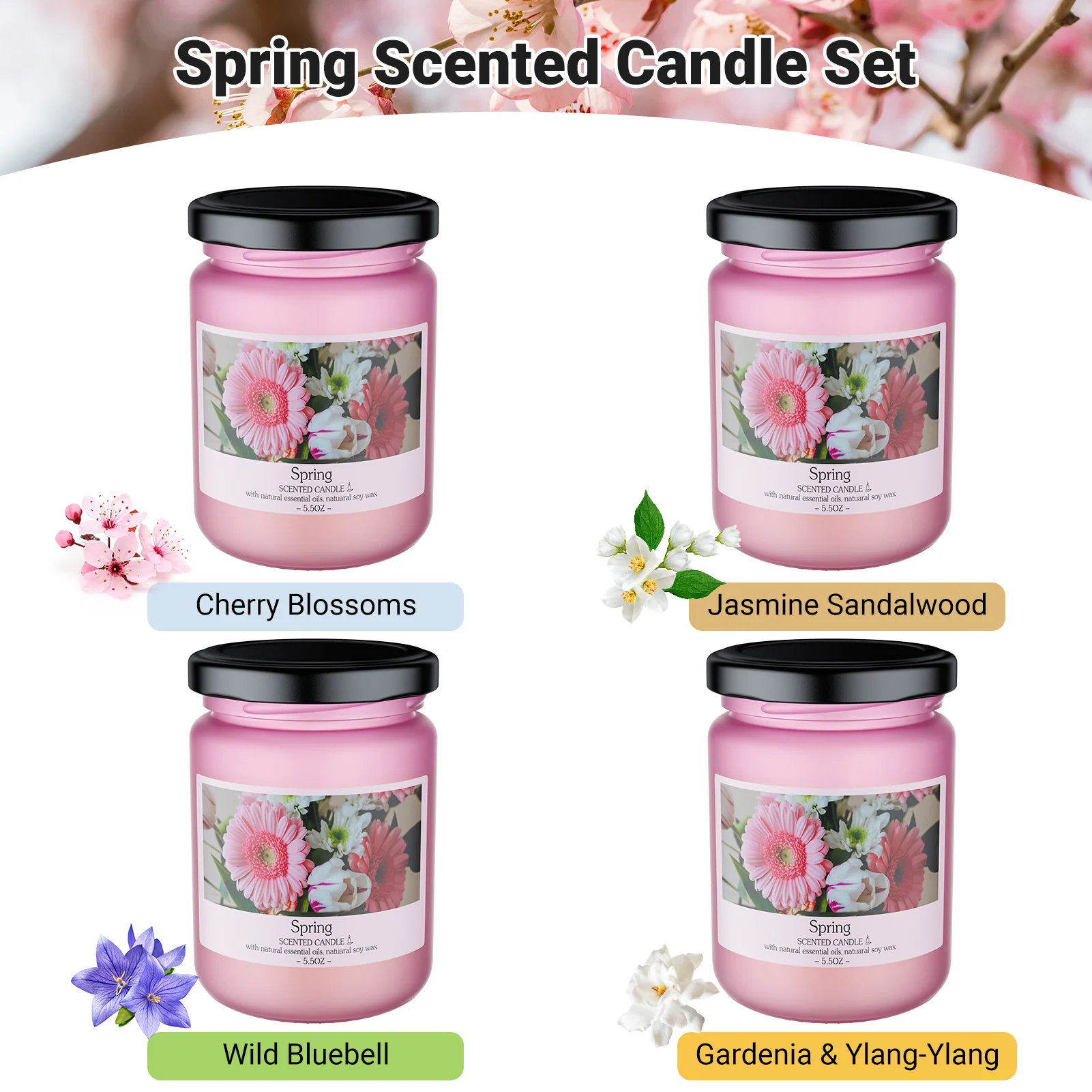 Spring Scented Candle Gift Set with 4 Scented Jars for Home