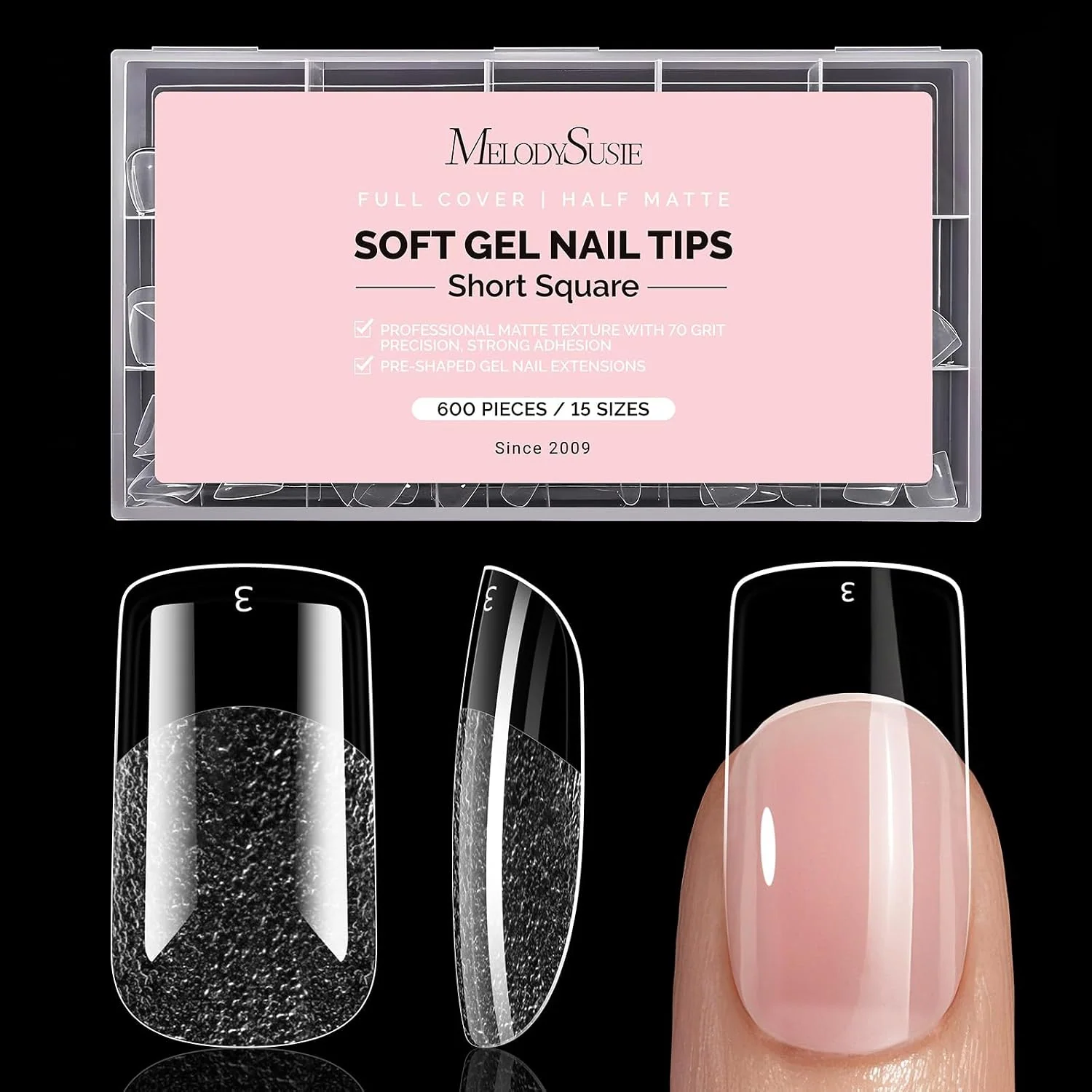 600Pcs Half Matte Clear Acrylic Full Cover Nail Tips with 12-15 Sizes