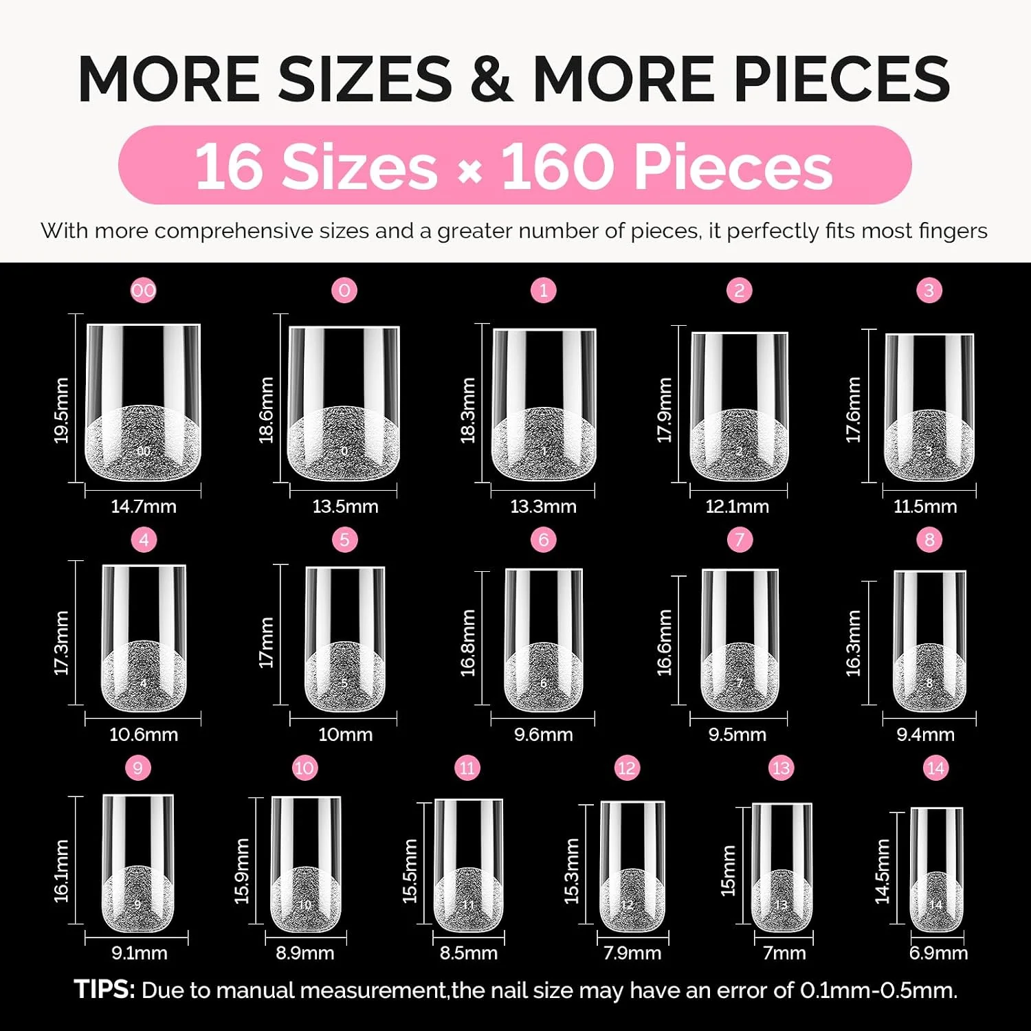 160Pcs Half Matte Clear Acrylic Full Cover Nail Tips, 16 Sizes