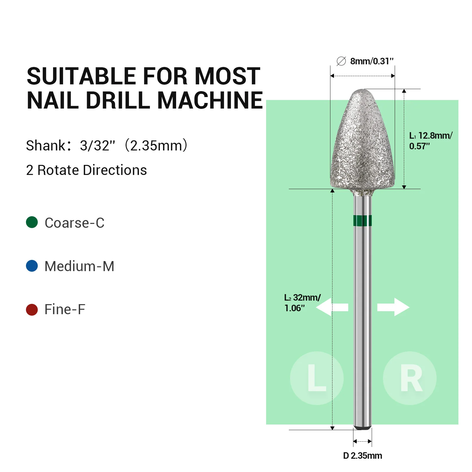 3Pcs 8mm Diamond Pedicure Cone Drill Bits Set
