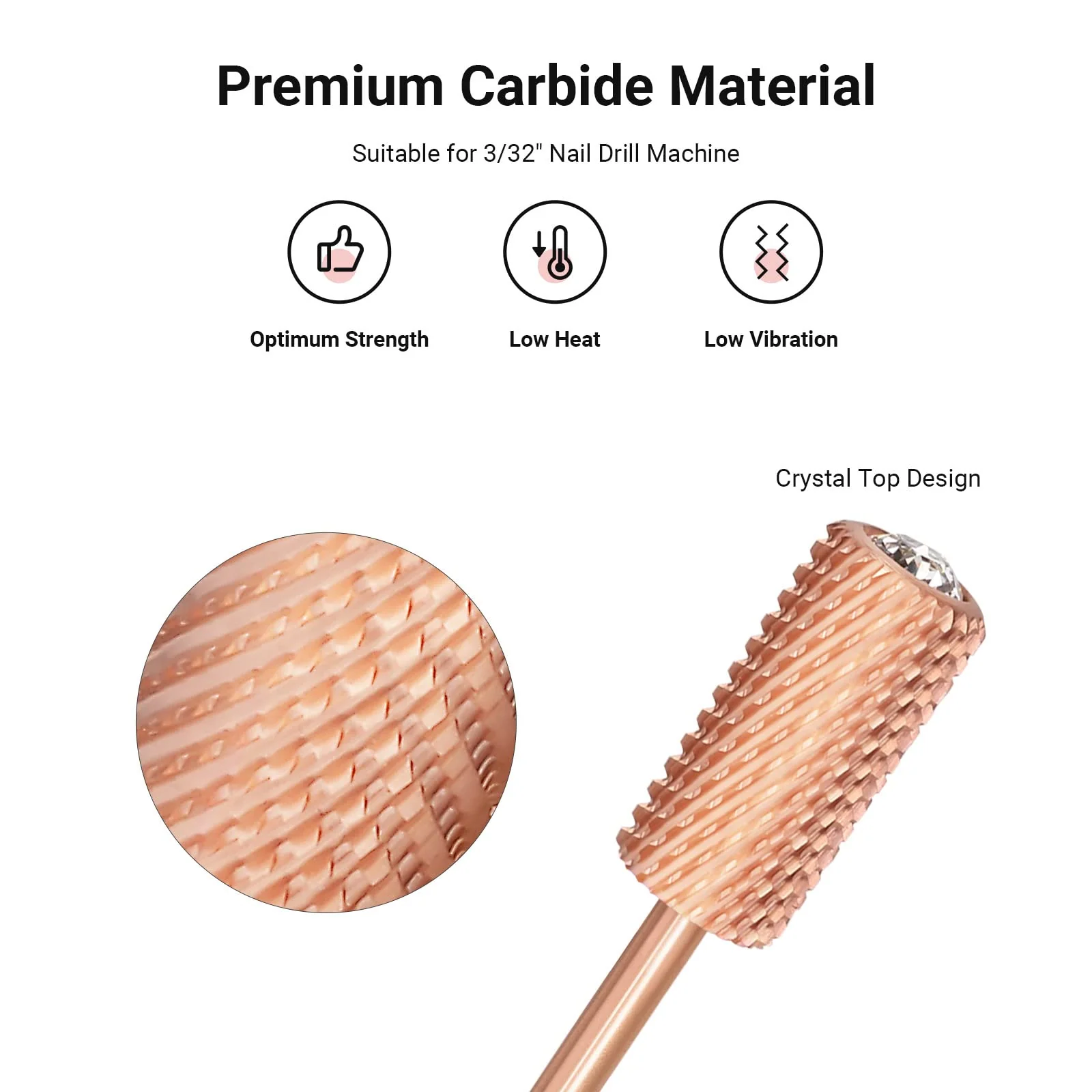 Crystal Top Large Barrel Carbide Nail Drill Bit in Rose Gold