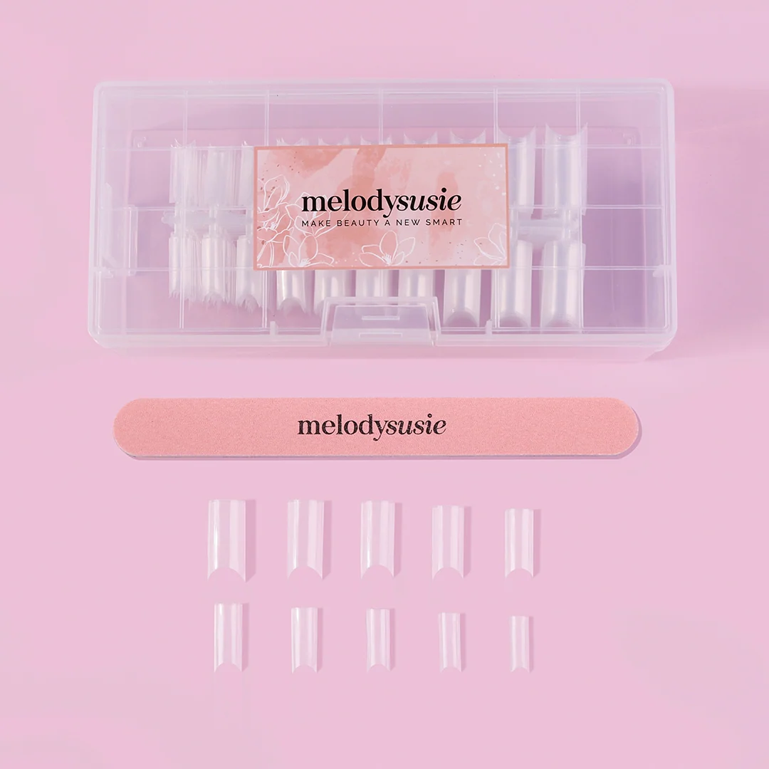 Long Square Nail Tips, Clear Half Cover, 420 Pcs with File
