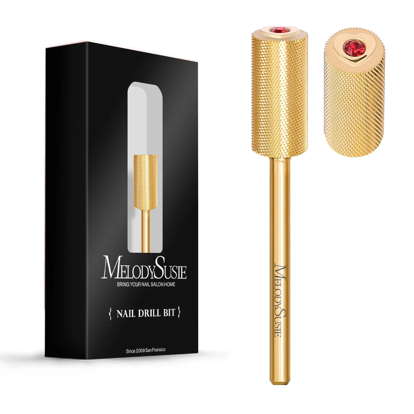 Crystal Top Red Heart Shape Large Barrel Carbide Nail Drill Bit in Gold