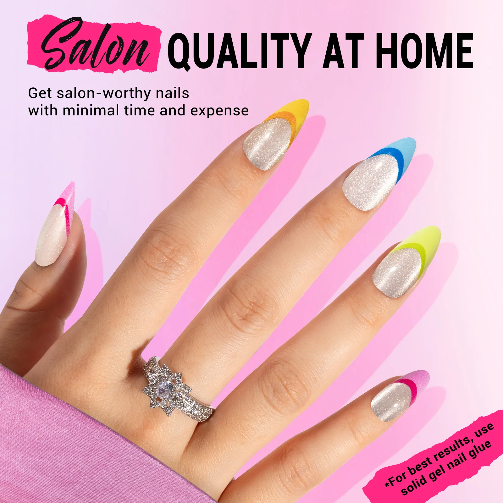 Rainbow Cat Eye Press On Nails Kit with 30 Nails in 15 Sizes