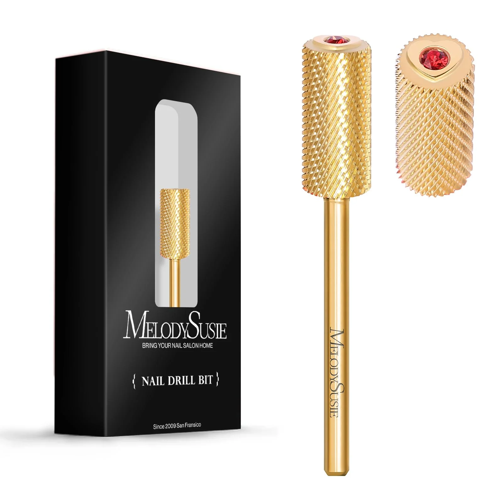 Crystal Top Red Heart Shape Large Barrel Carbide Nail Drill Bit in Gold