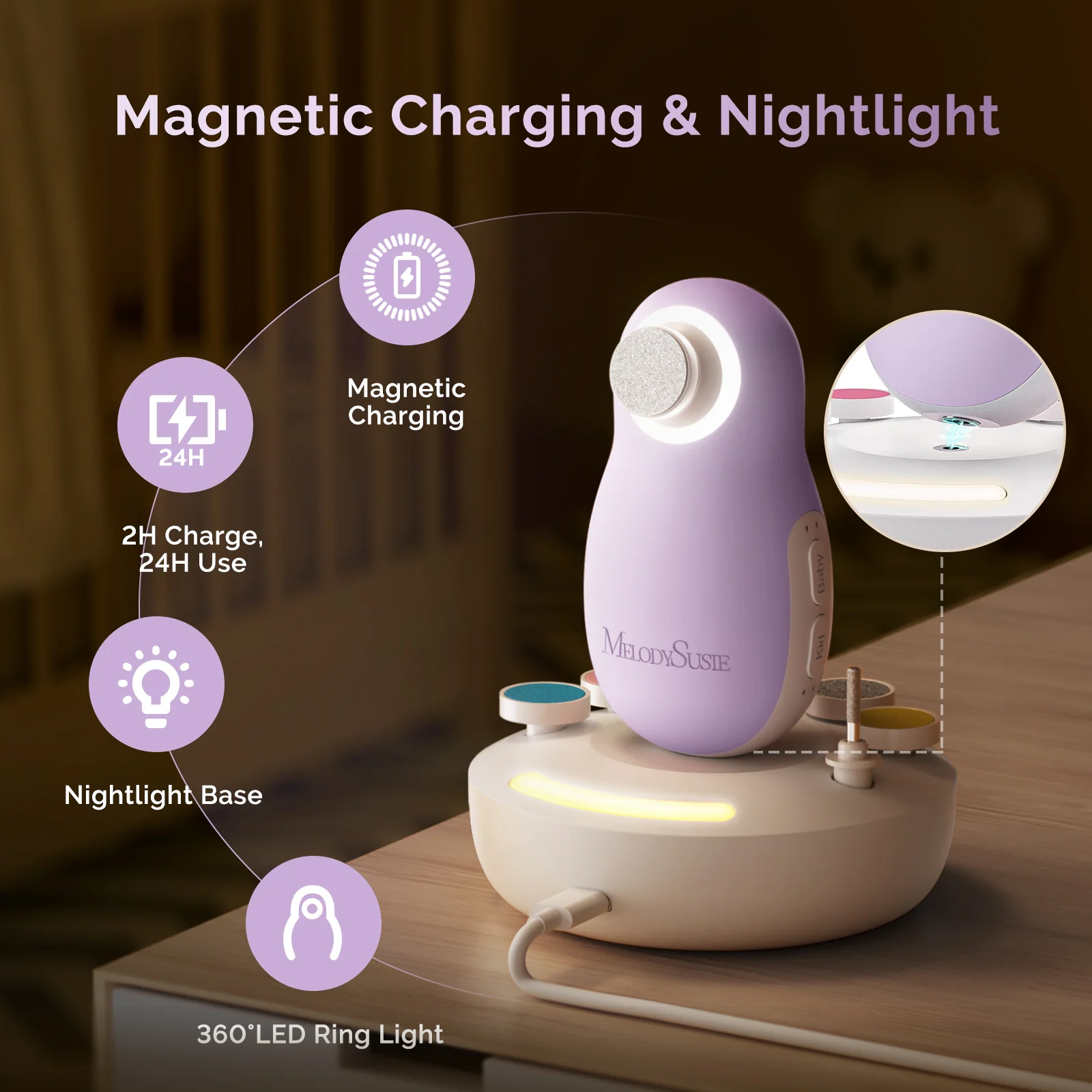 PC20F Rechargeable Baby Nail Trimmer in Purple with 6 Grinding Heads