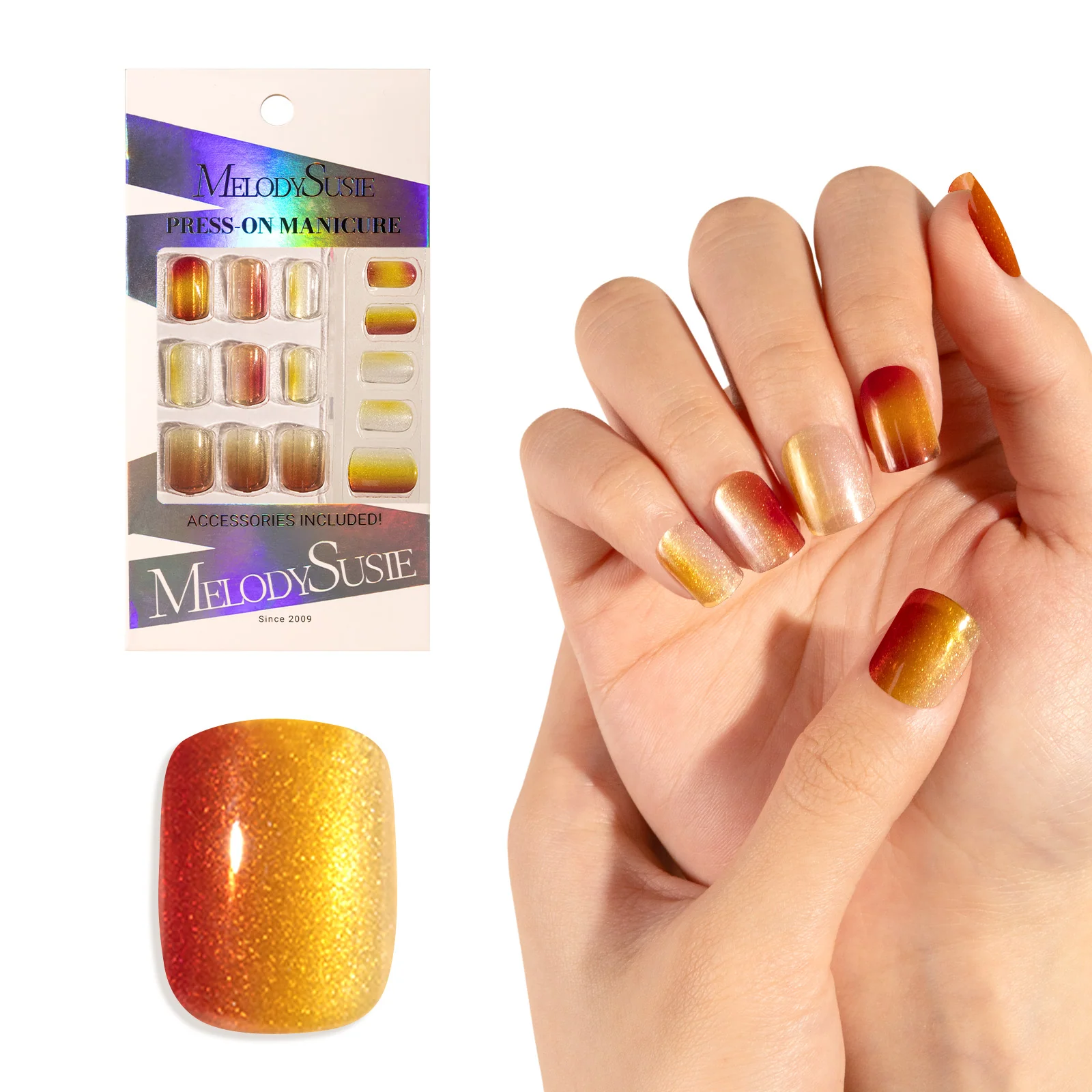 Autumn Halo Cat Eye Press On Nails Kit with 30 Nails in 15 Sizes