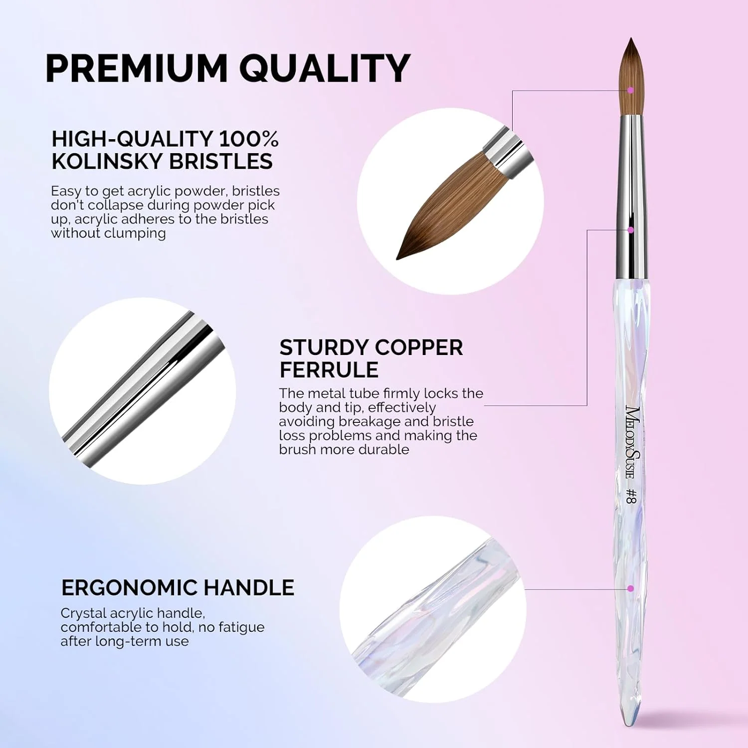 100% Kolinsky Acrylic Nail Brush for Extension and 3D Sculpting