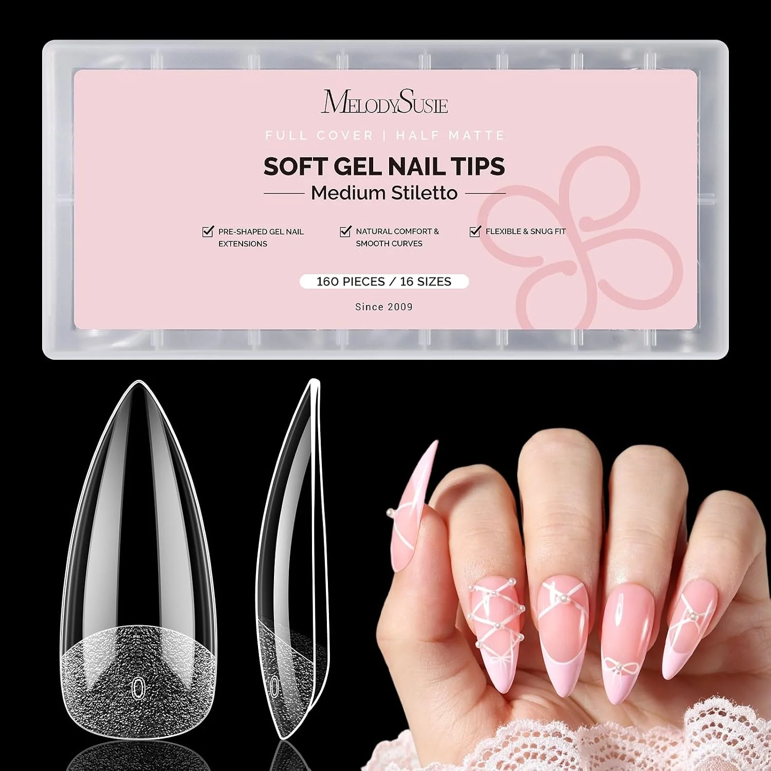 160Pcs Half Matte Clear Acrylic Full Cover Nail Tips, 16 Sizes