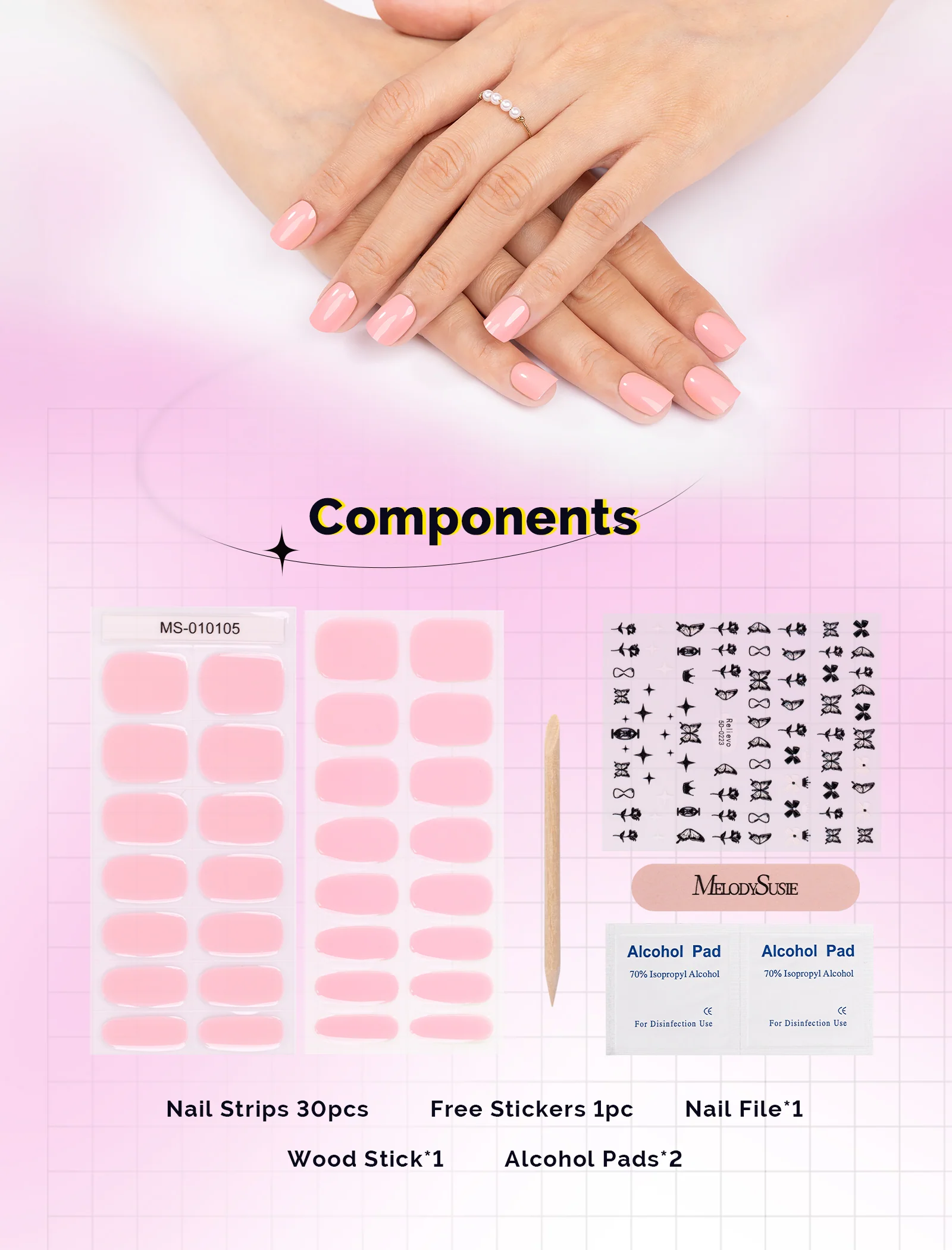 MelodySusie Semi Cured Gel Nail Strips with 3D and 5D Stickers