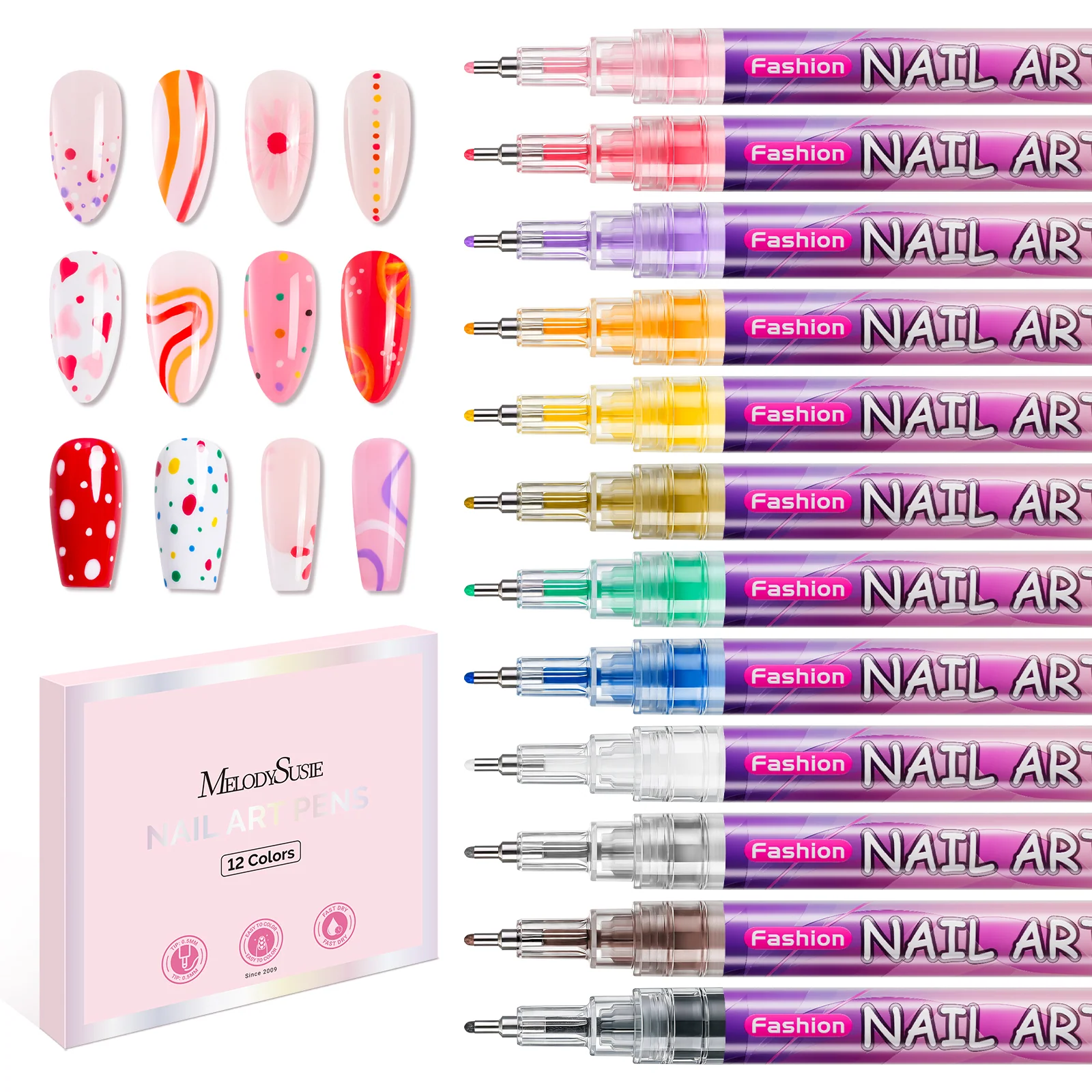 Nail Art Pens Set in 12 Colors with 0.7mm Tips