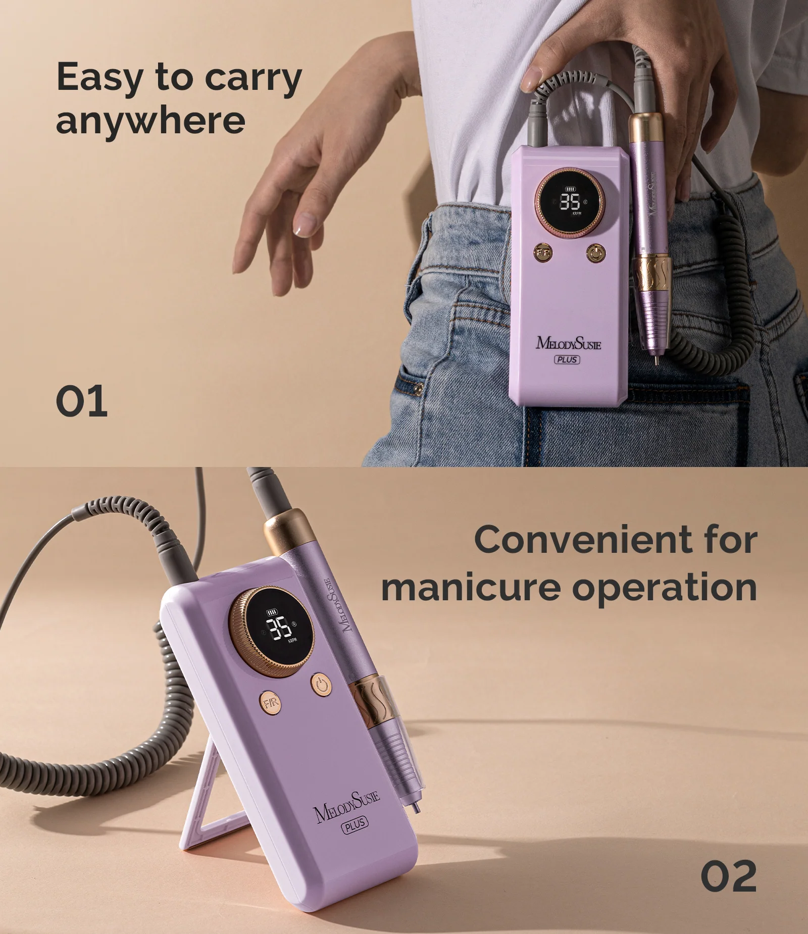 SM330G Clip-On Advanced Rechargeable 2-in-1 Nail Drill with Built-In Stand 35,000RPM - Purple