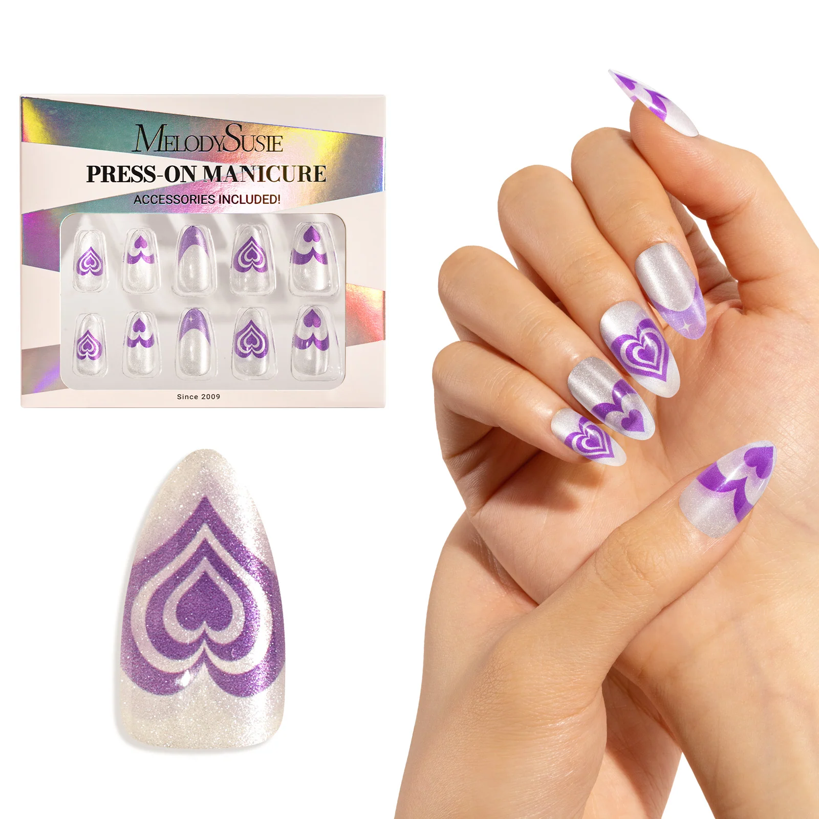 Purple Heart Press On Nails Kit: 30 Nails with Adhesive and Tools