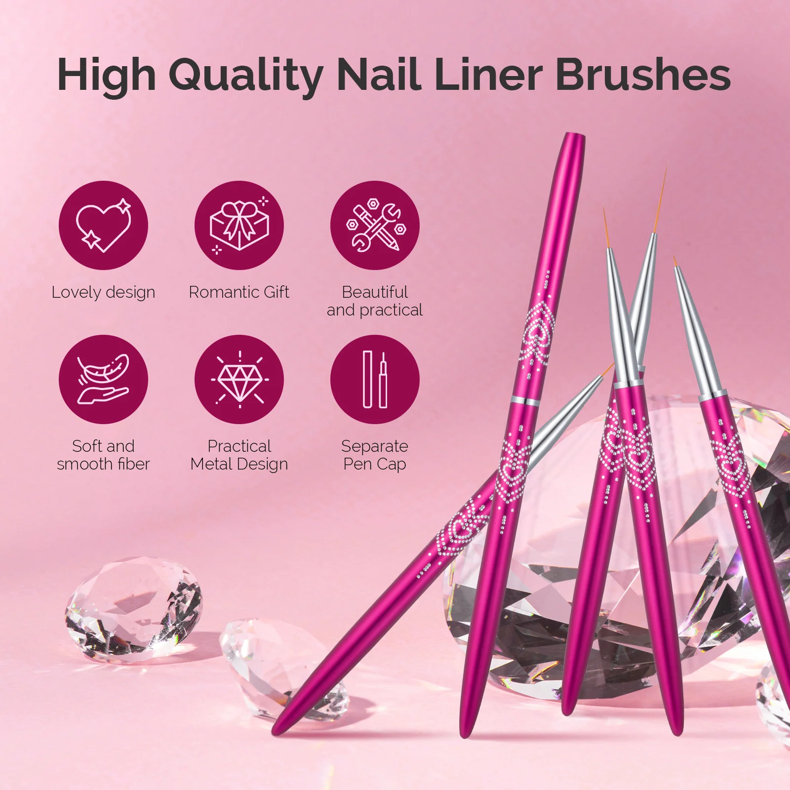 Nail Art Liner Brushes 5Pcs Rose Pink Set for Fine Detail Work