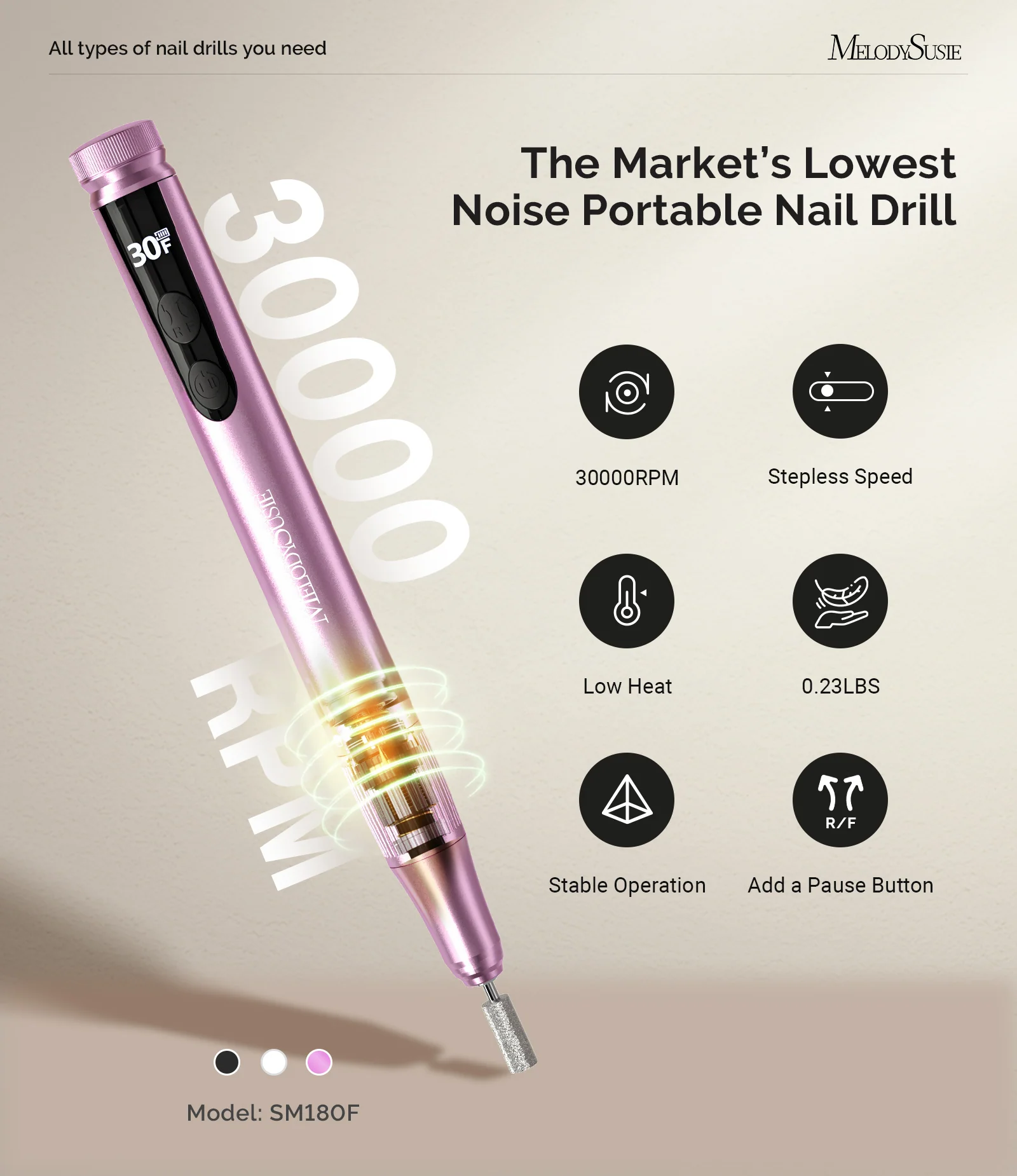 SM180F Pen-Shaped Rechargeable Nail Drill 30,000RPM RPM, Rose Gold Edition