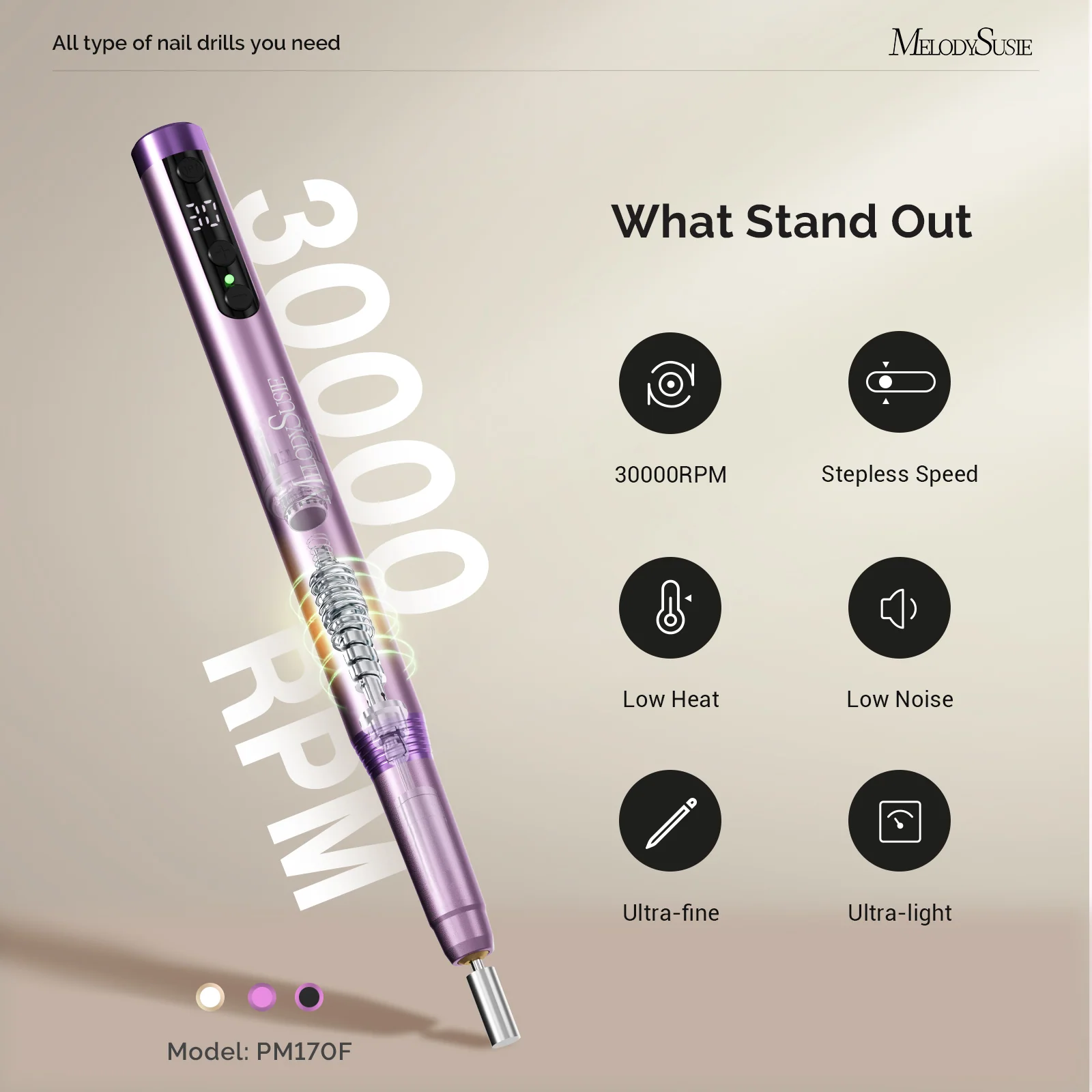 PM170F Pen-Shaped Ultra-Slim Rechargeable Nail Drill 30,000RPM in Rose Gold