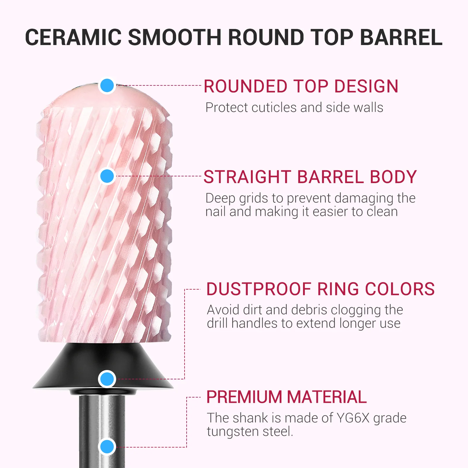 Smooth Round Top Large Barrel Ceramic Nail Drill Bit, Extra Fine Pink