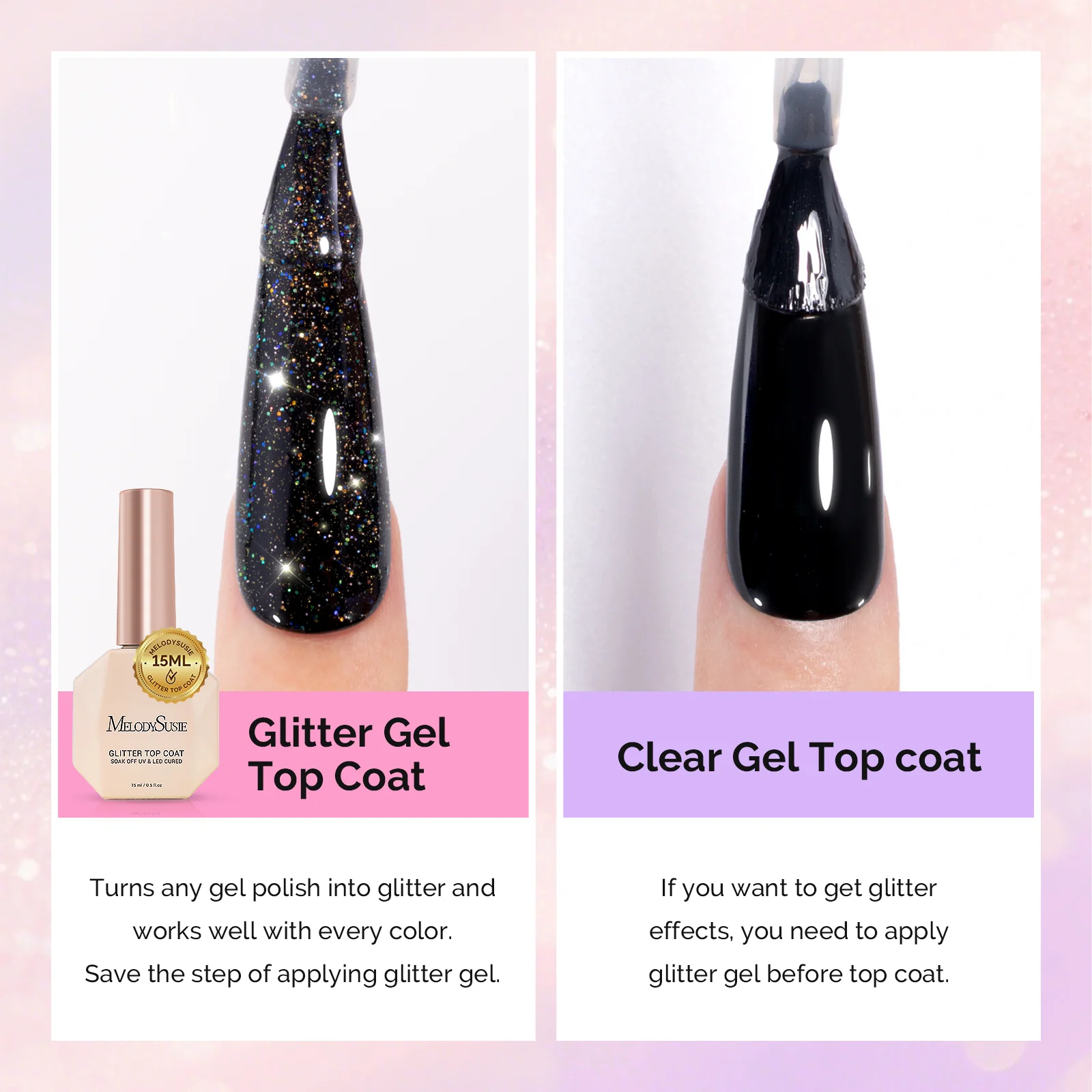 Glitter Gel Top Coat - No Wipe Reflective Iridescent Glitter Top Coat 15ml 0.5fl oz