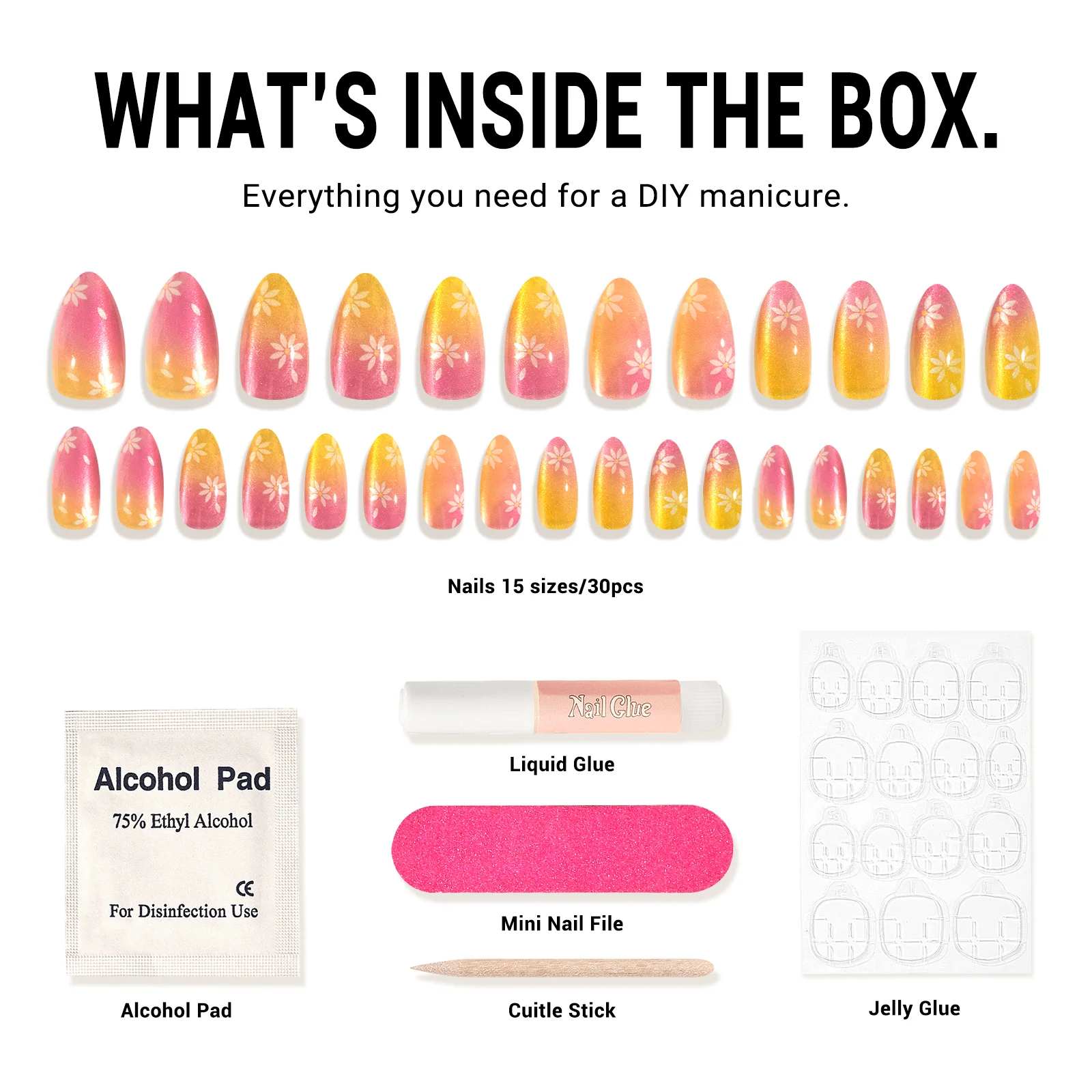 Passion Flowers Press On Nails Kit with Clear Square and Almond Tips