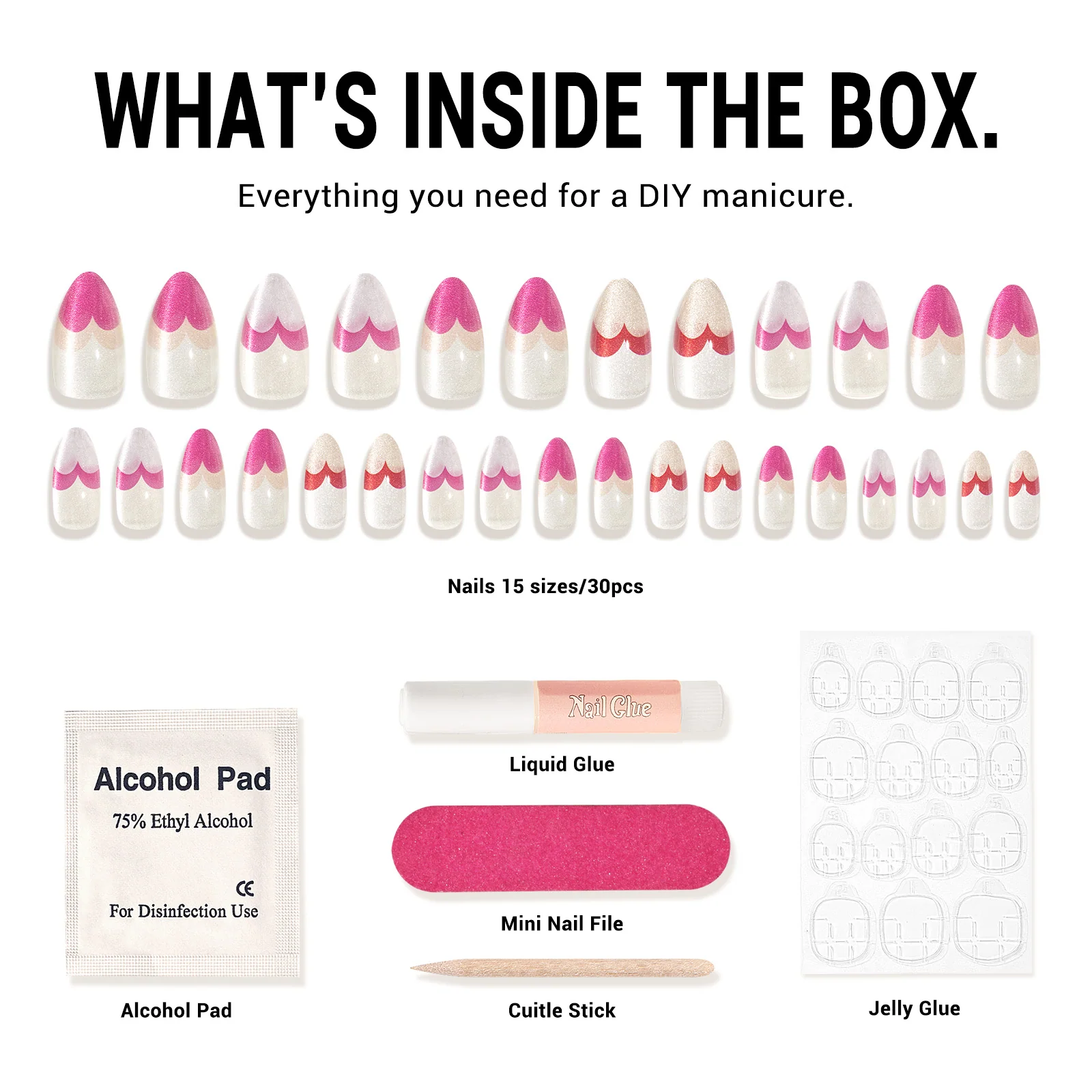 Pink Heart Press On Nails Kit with 30 Reusable Nails in 15 Sizes