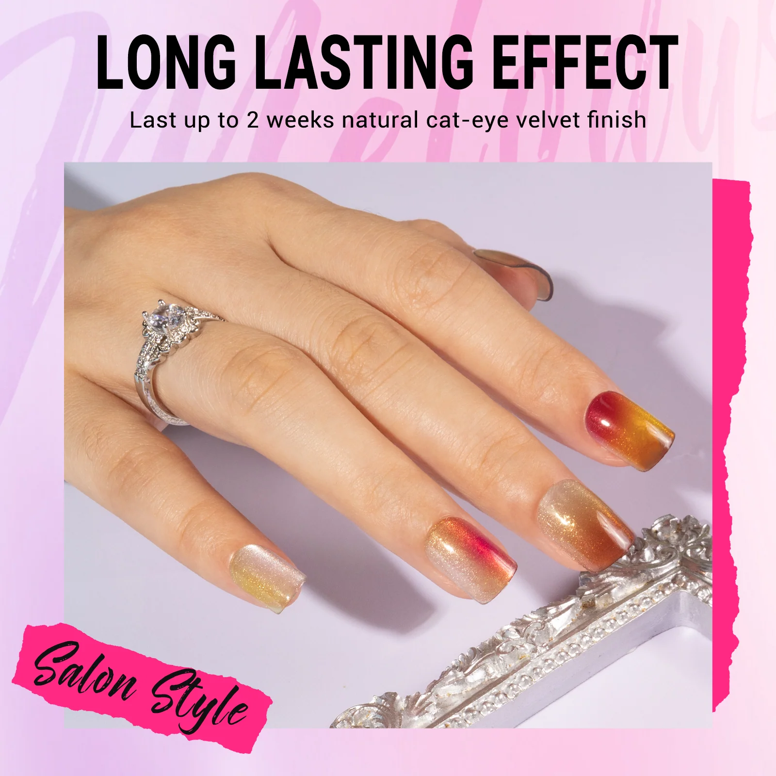 Autumn Halo Cat Eye Press On Nails Kit with 30 Nails in 15 Sizes