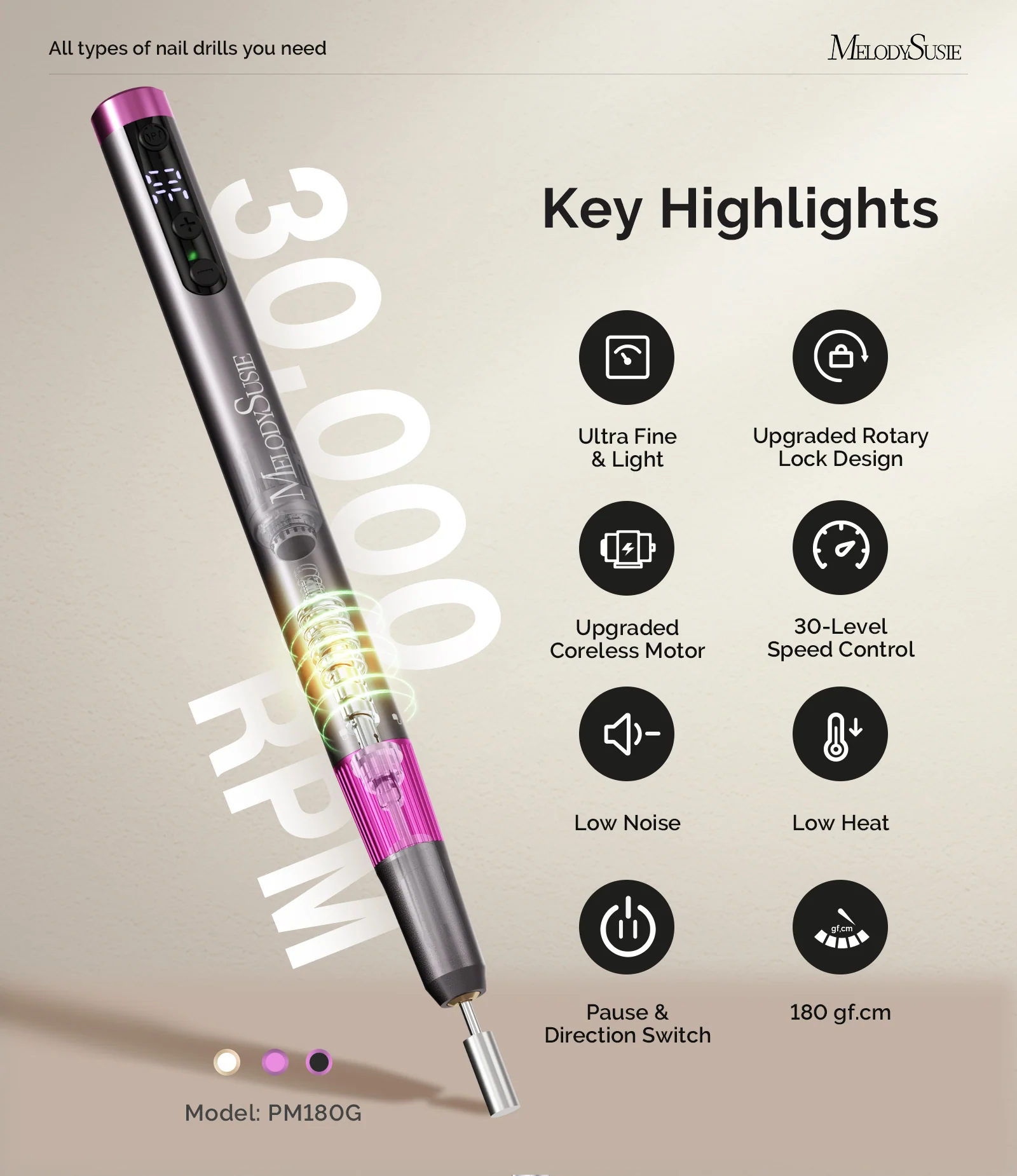 PM180G Pen-Shaped Ultra-Slim Rechargeable Nail Drill 30,000RPM in Black