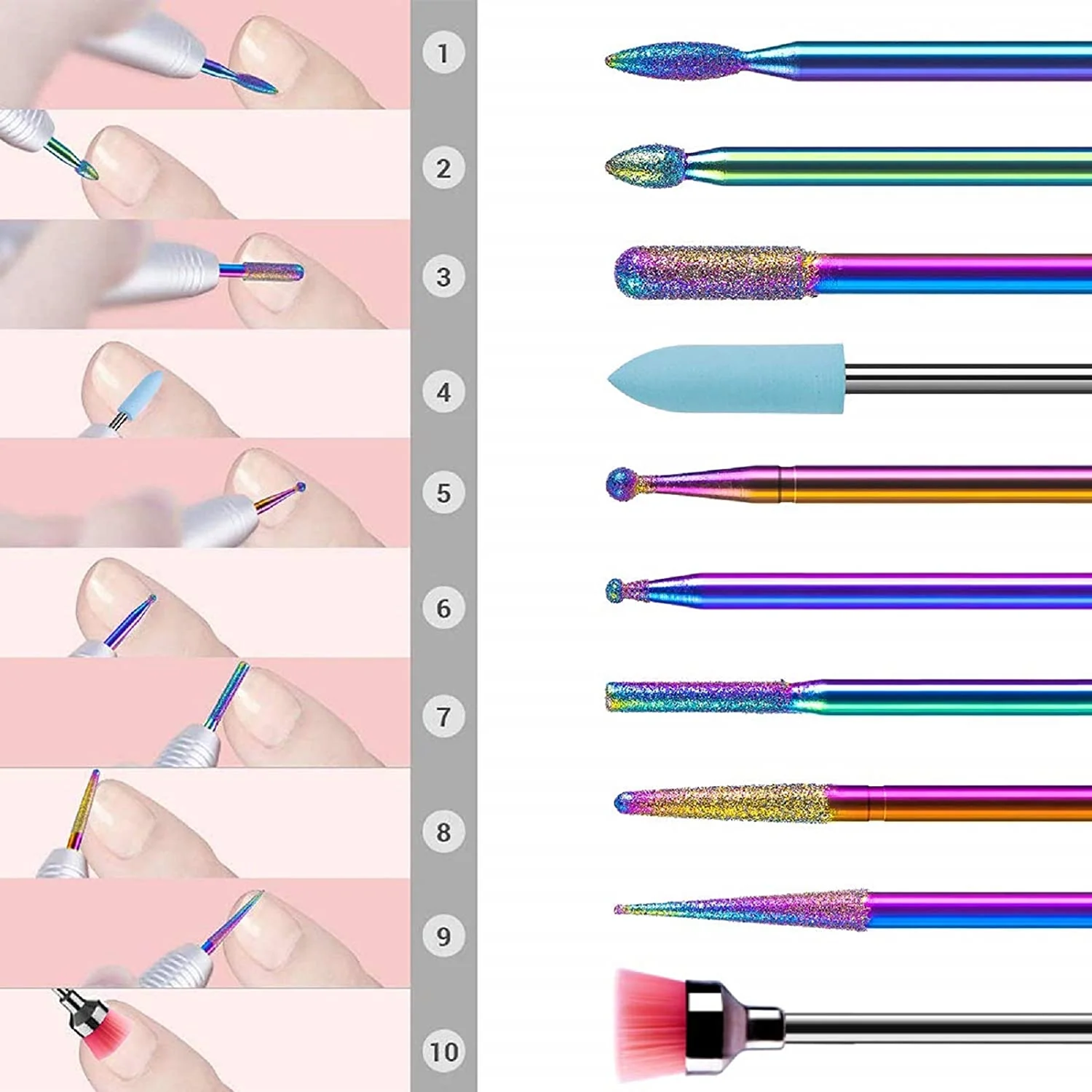 Colorful Diamond Cuticle Nail Drill Bits Set 10Pcs for Nail Care