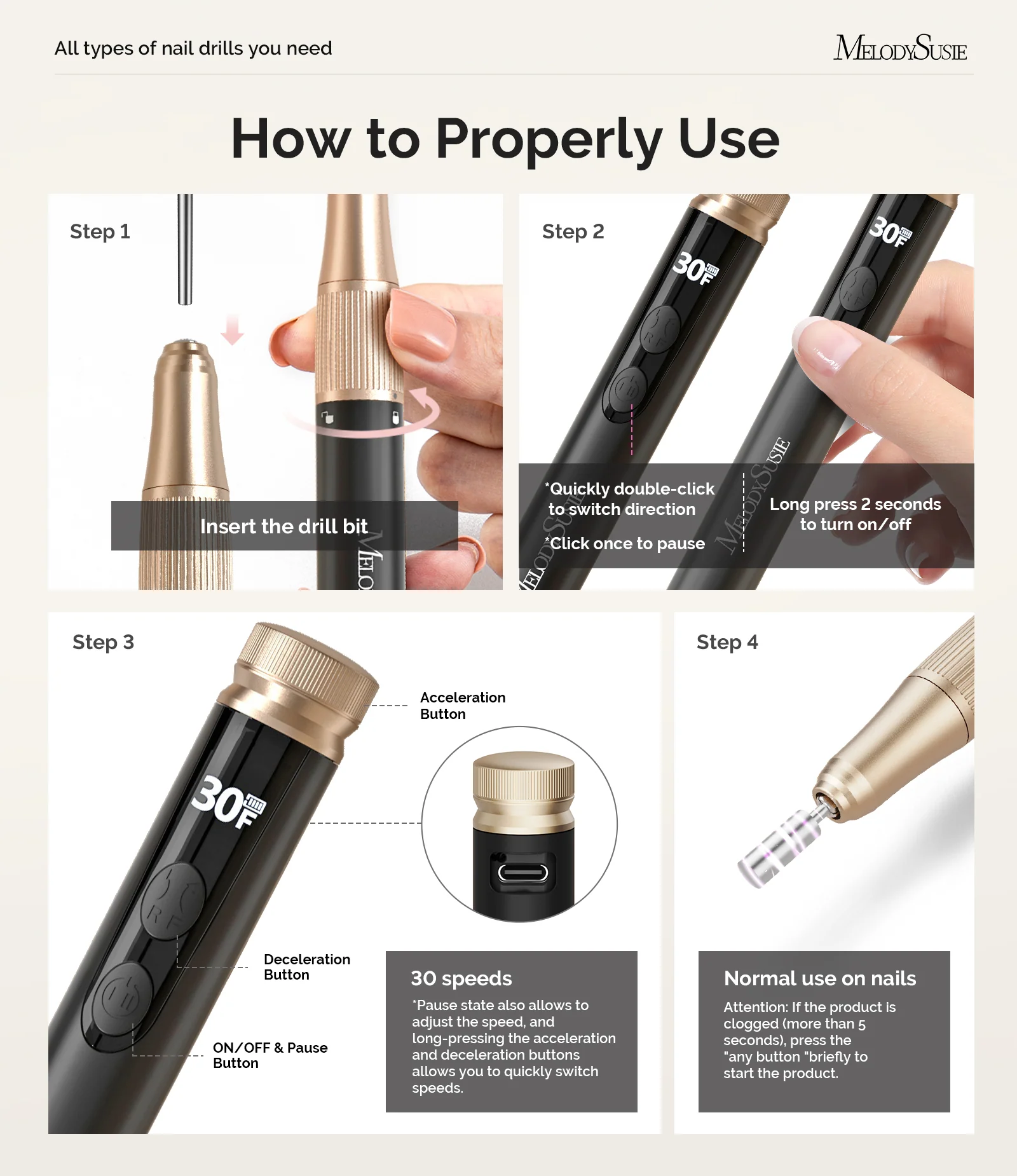 SM180F Pen-Shaped Rechargeable Nail Drill 30,000RPM RPM in Black